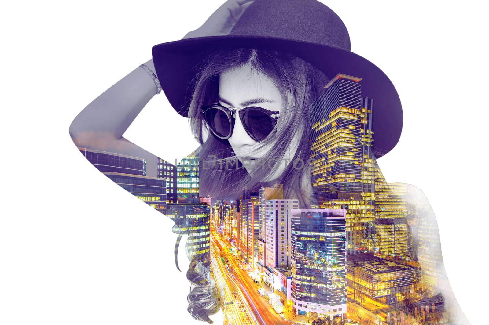 Double exposure,Beautiful girl and cityscape. Retro tone. by gutarphotoghaphy