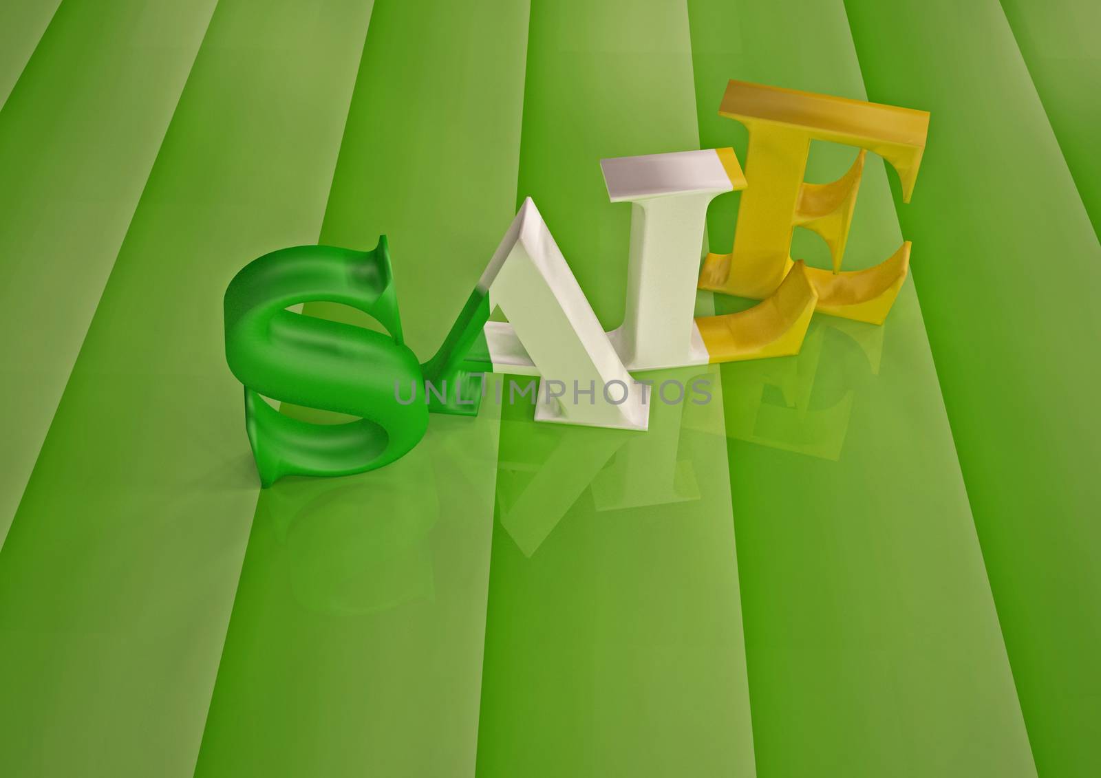 The dimensional word sale on a green background