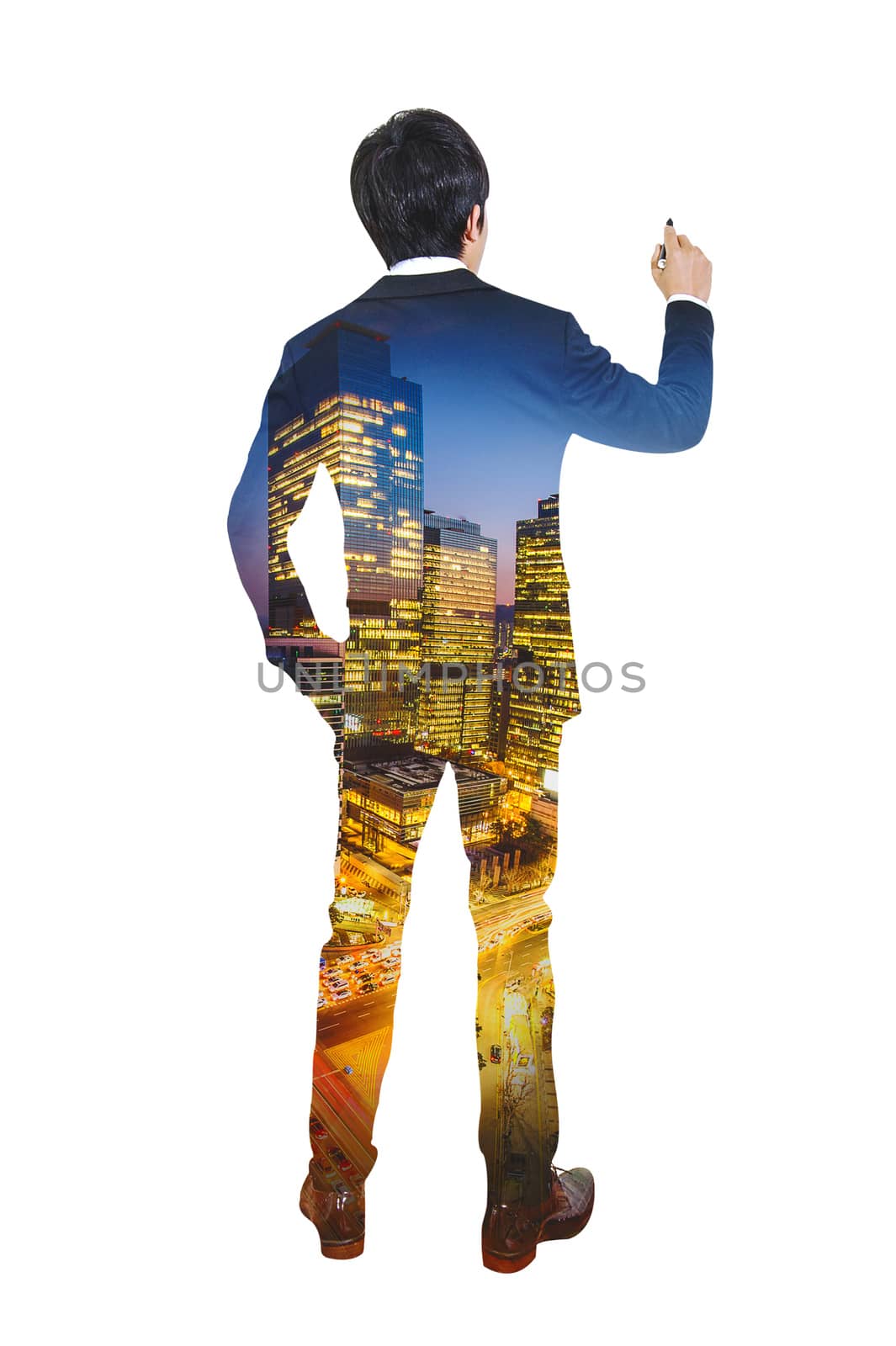 Double exposure of city and businessman, Business success concept.
