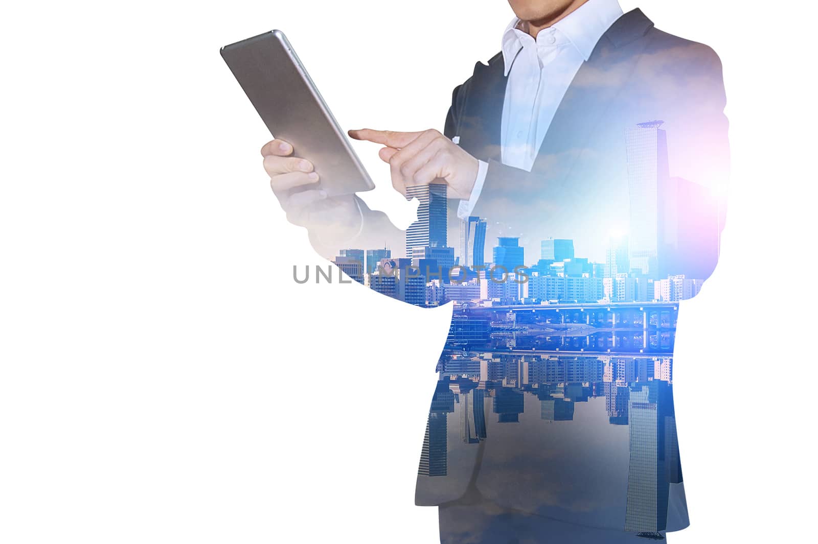 Double exposure of businessman holding tablet with cityscape blurred background, Business concept. by gutarphotoghaphy