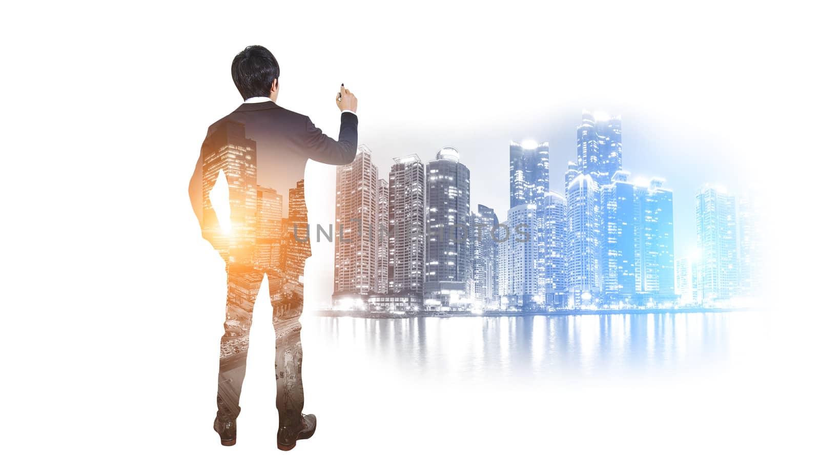 Double exposure of businessman and city, Business success concept.