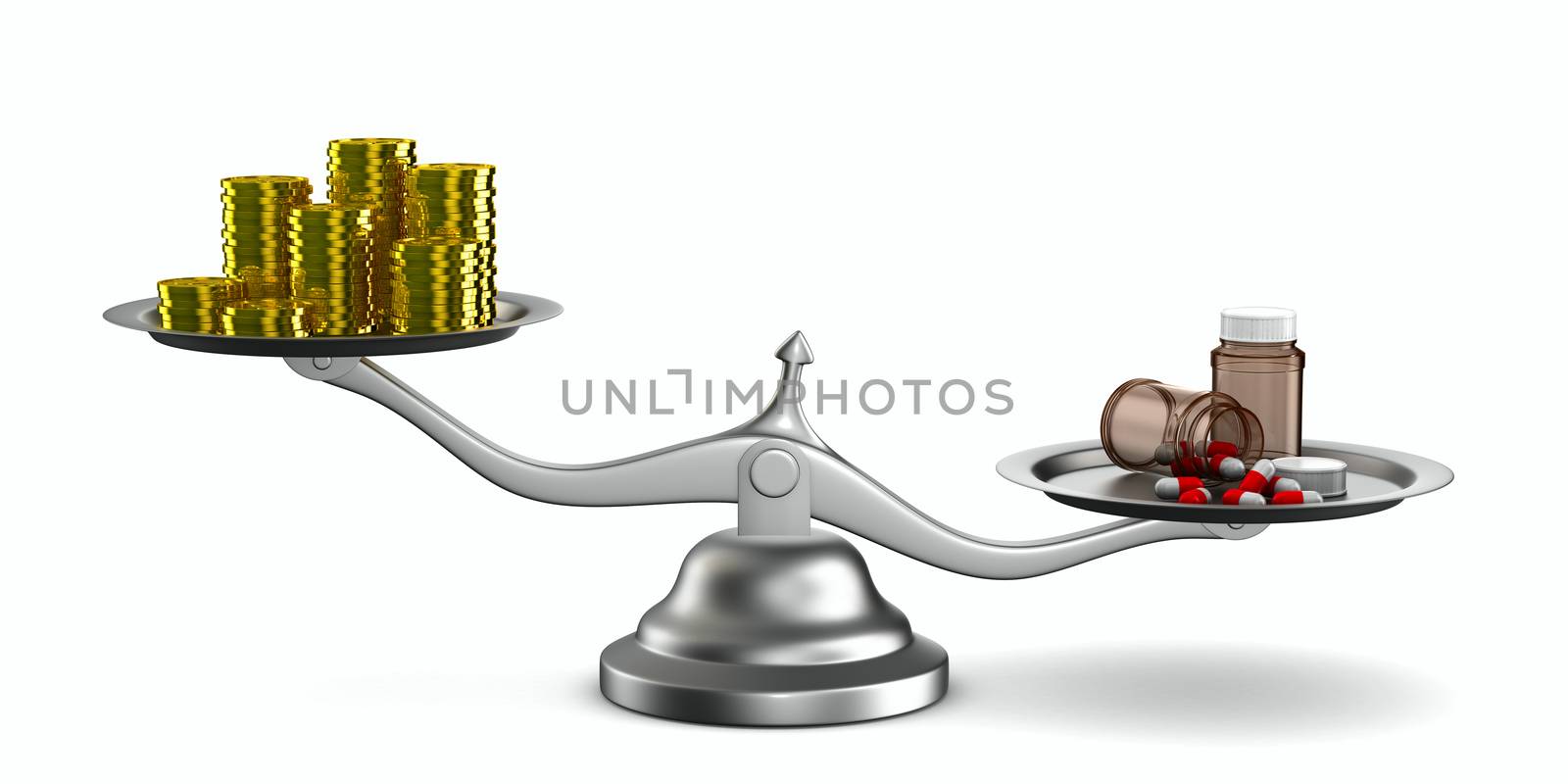 Medicines and money on scales. Isolated 3D image