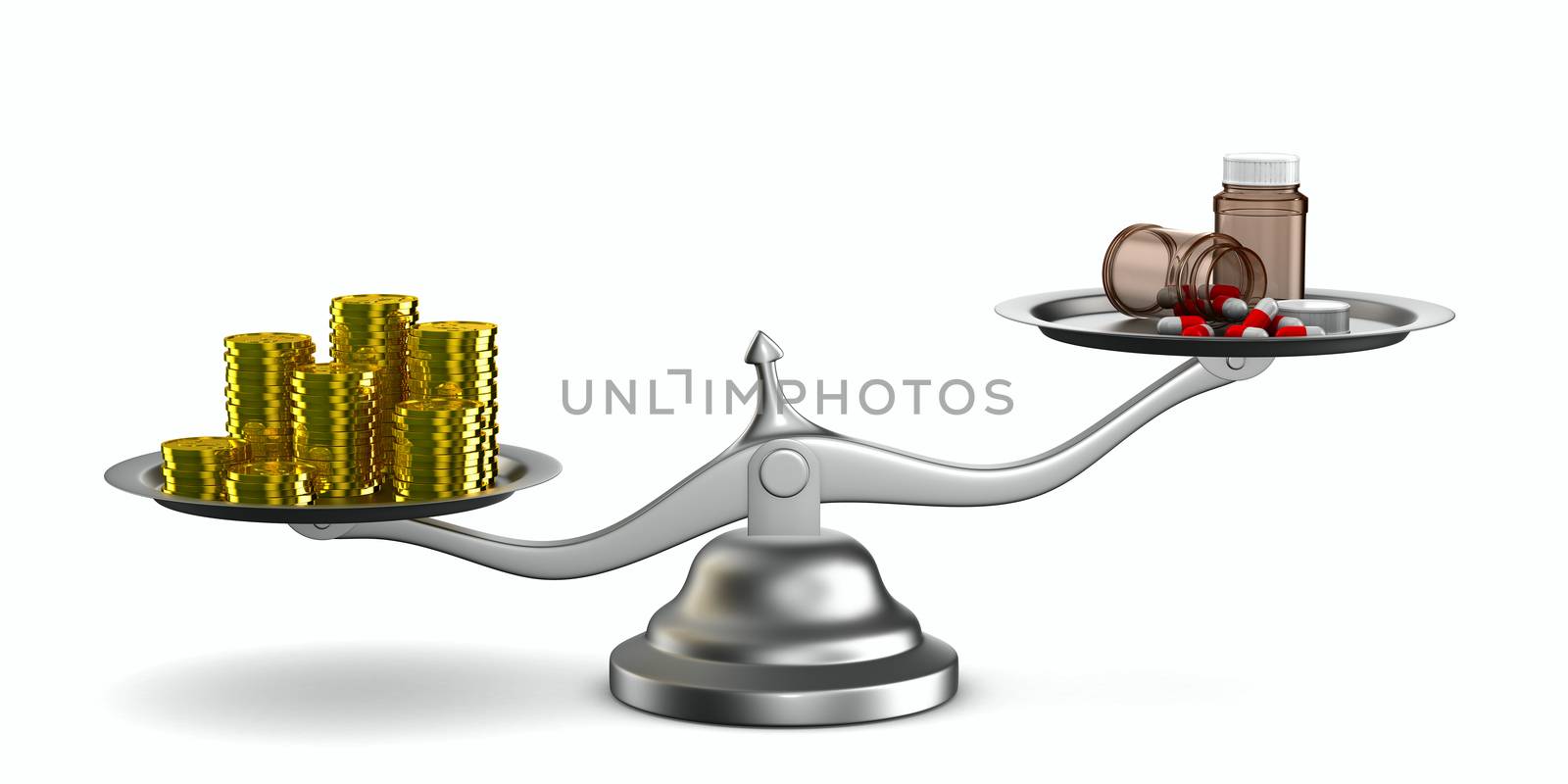 Medicines and money on scales. Isolated 3D image