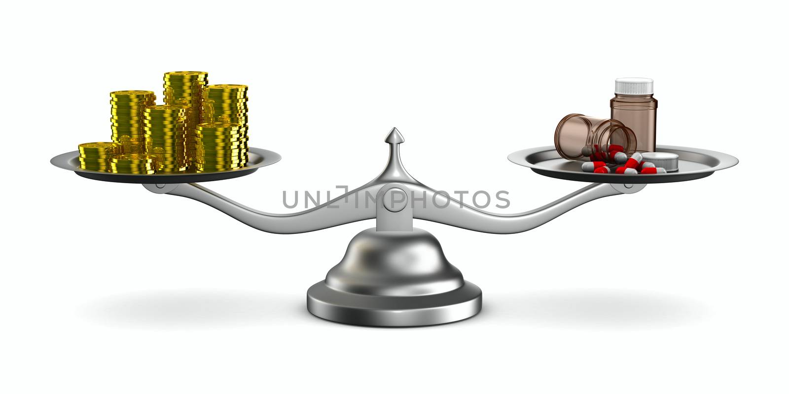 Medicines and money on scales. Isolated 3D image