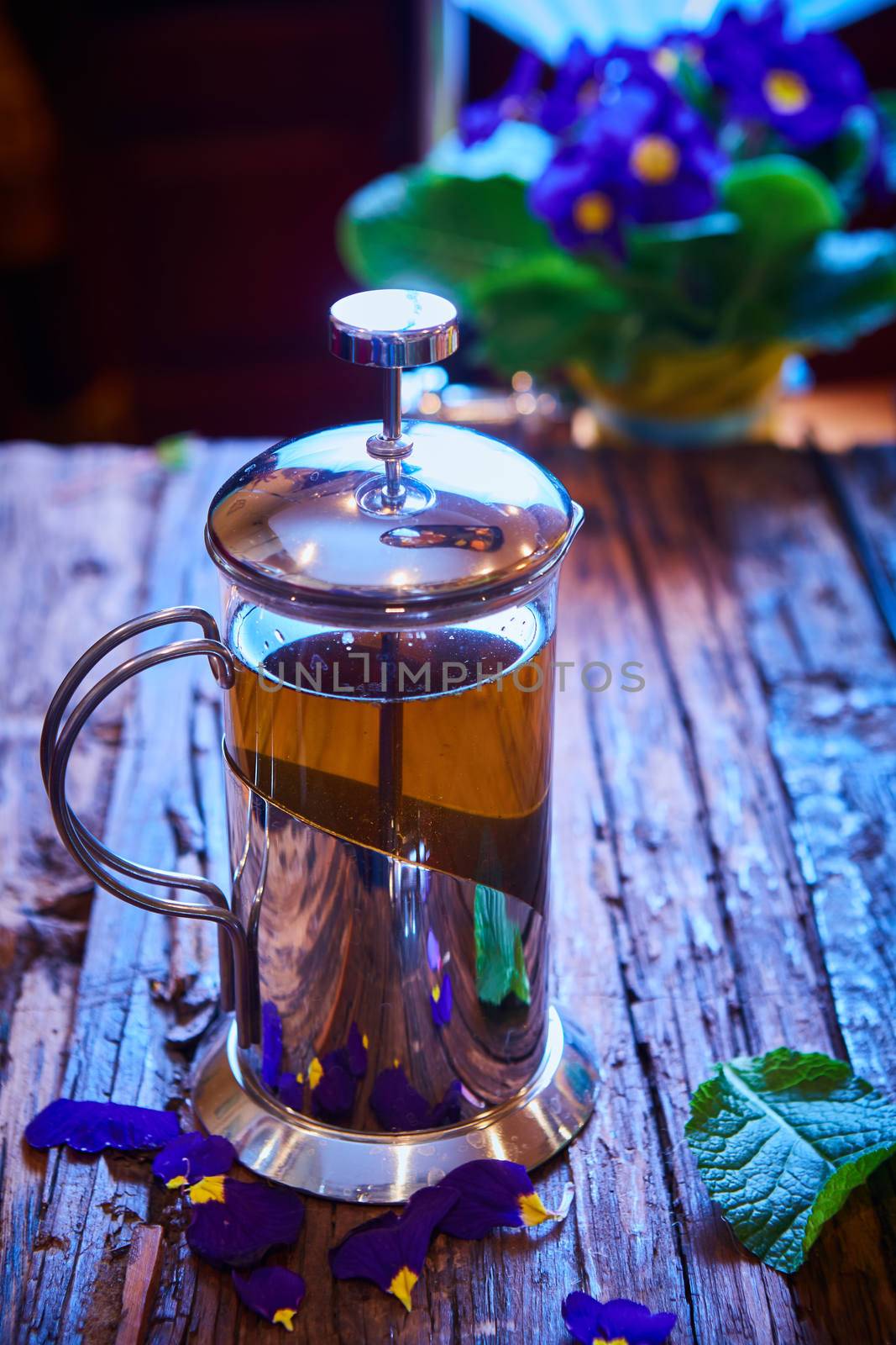 Flower tea in glass pot on a wooden table. spring concept