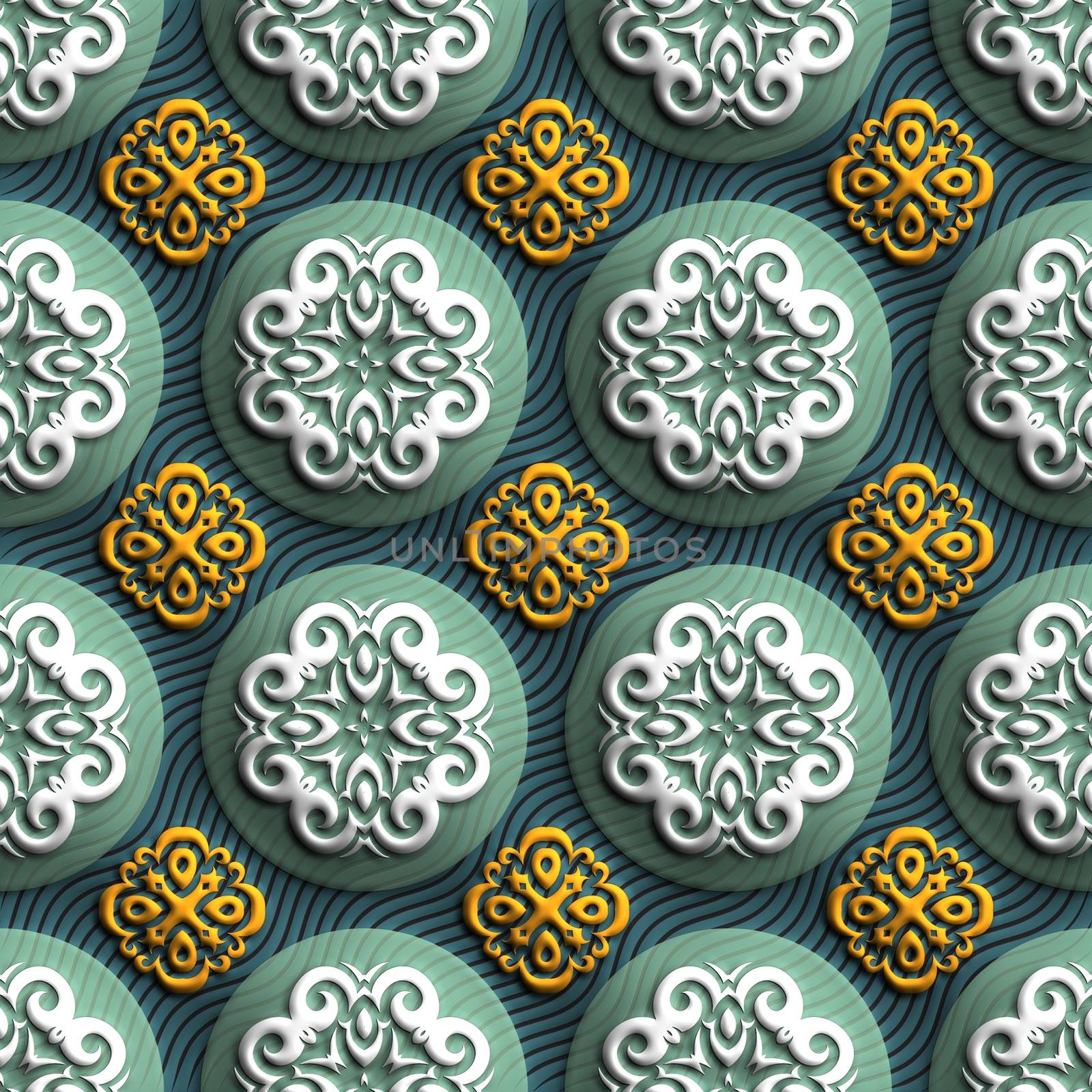 Plastic background tiles with embossed abstract ornament