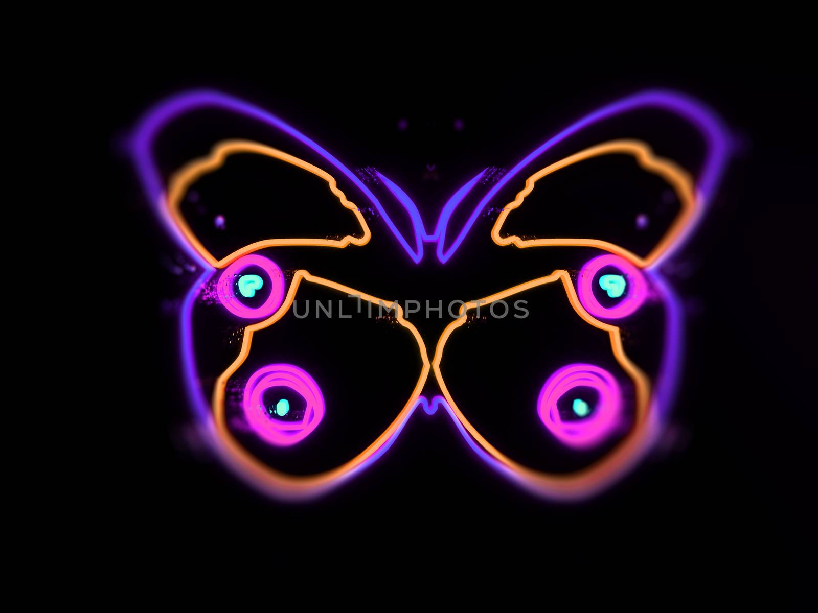 3d render neon butterfly isolated on black background