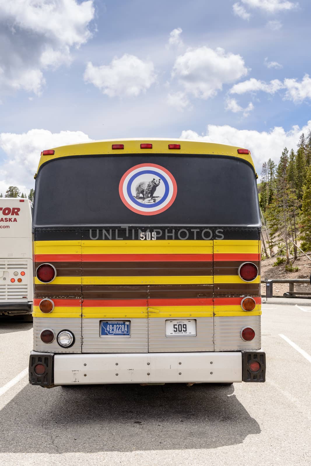 Yellowstone National Park, Wyoming, USA - May 31, 205: Tour of Yellowstone national park bus rear view. Bus parked at the Mud Volcano Area on the Grand Loops Road in Yellowstone National Park in Wyoming.