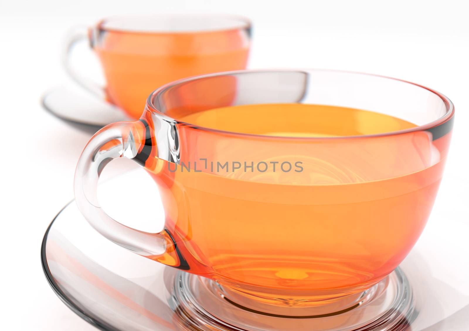 3D render of two see through glass teacups containing tea without milk