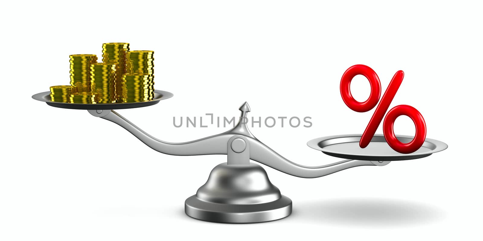 percent and money on scale. Isolated 3D image