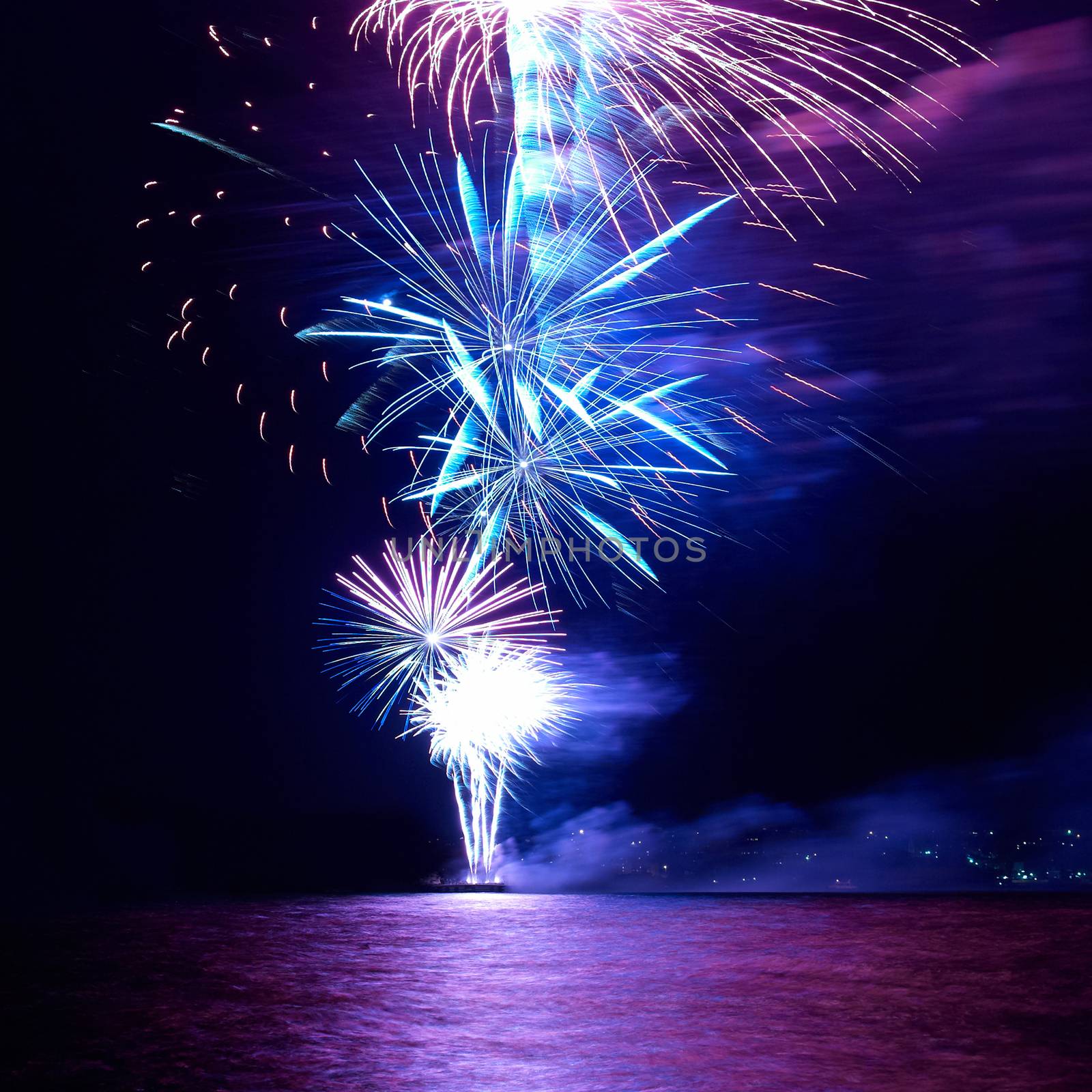 Blue and red colorful holiday fireworks on the black sky background.