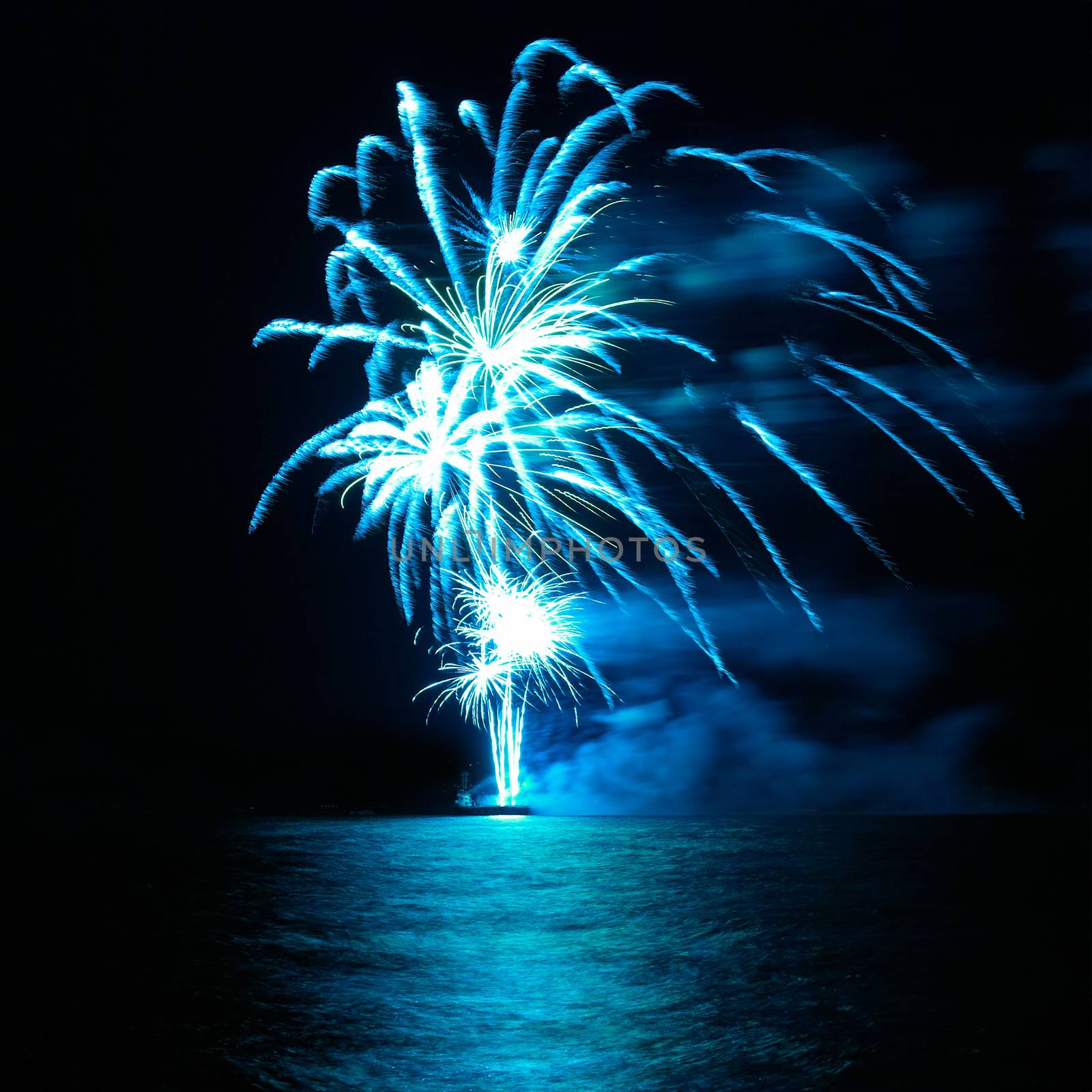 Blue colorful holiday fireworks on the black sky background.