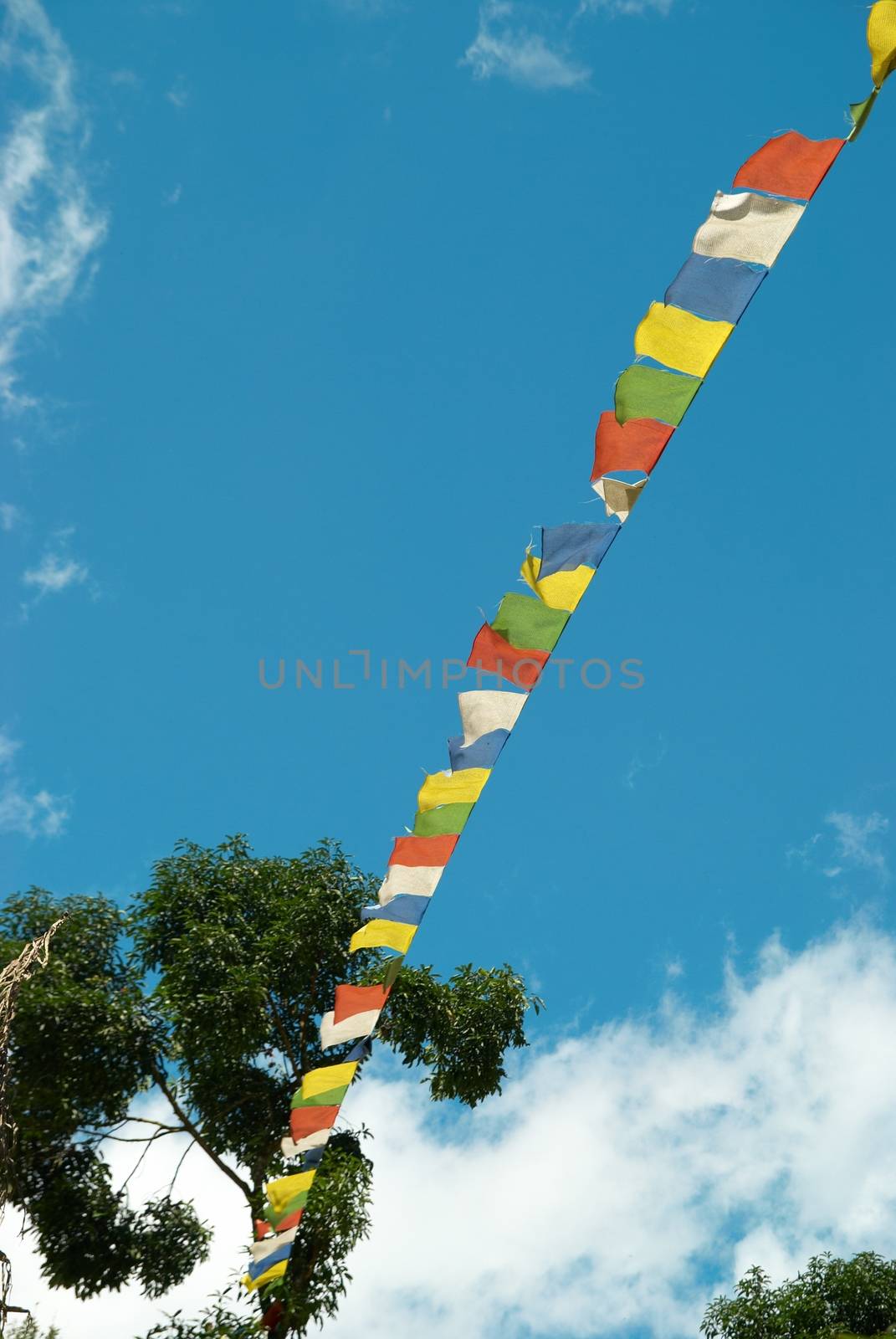 Tibetan prayer colorful flags with the blue sky