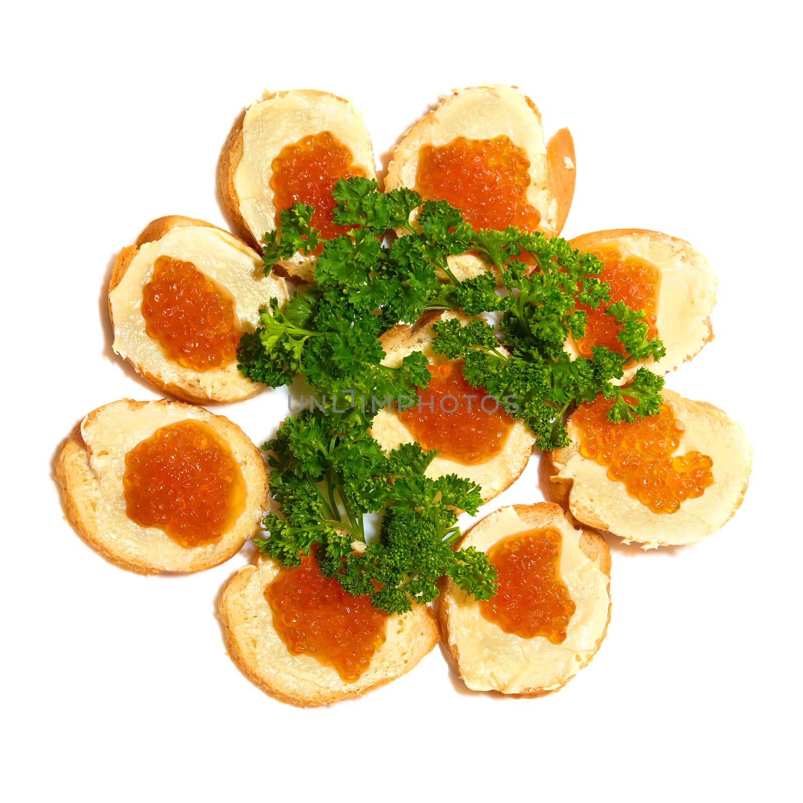 Tartlets with red caviar isolated on white background