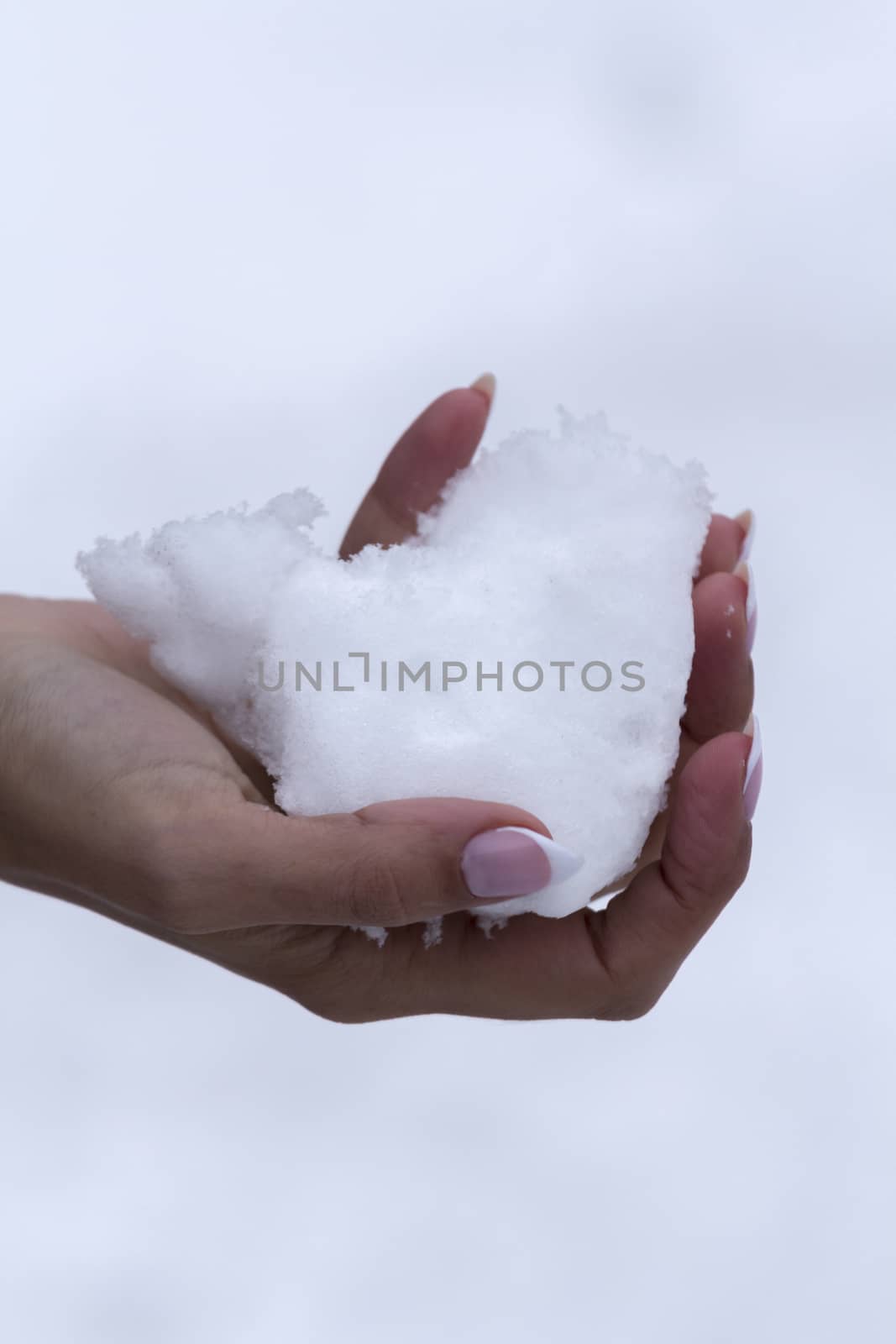 the girl with beautiful manicure holds a snow lump on a palm