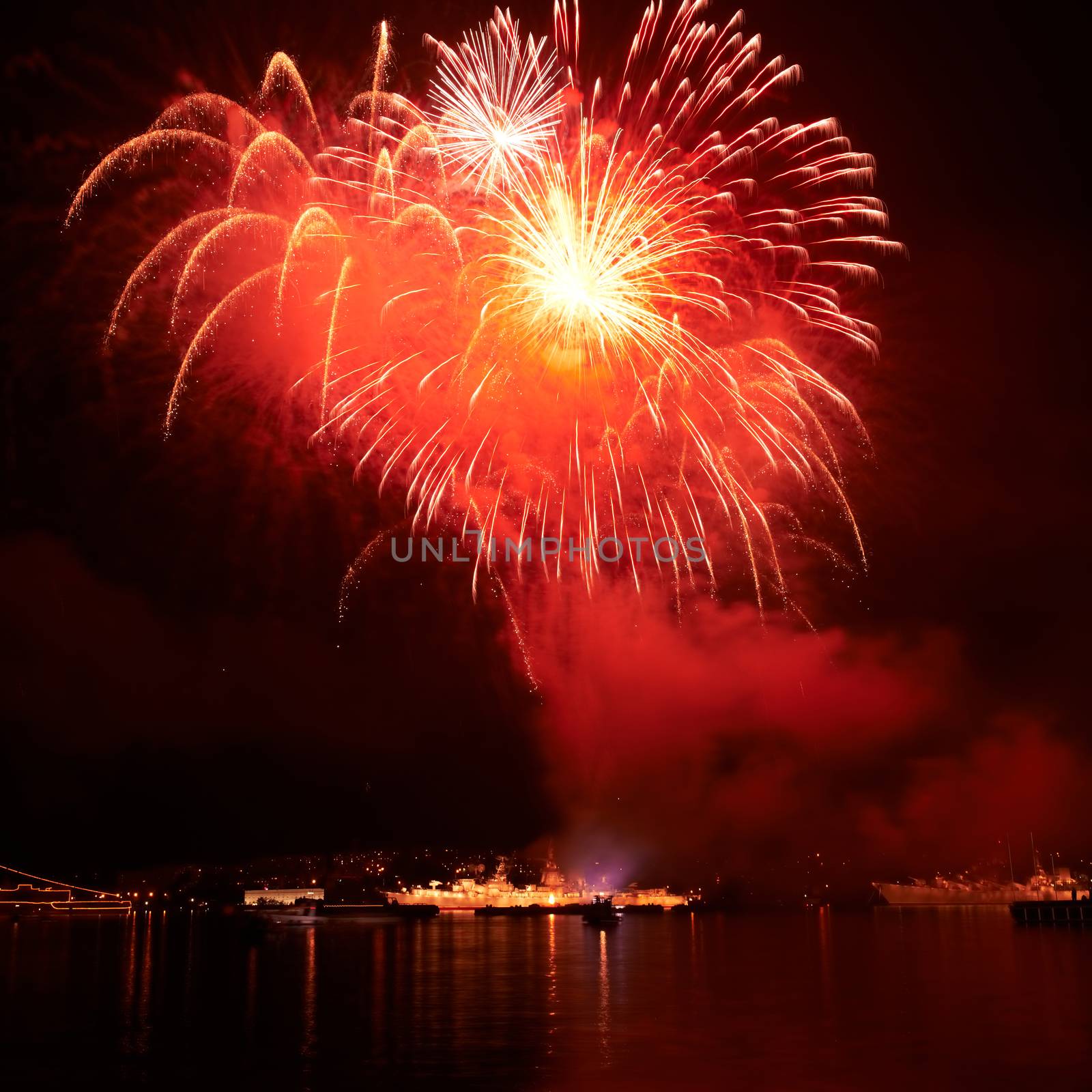 Red colorful fireworks on the black sky background