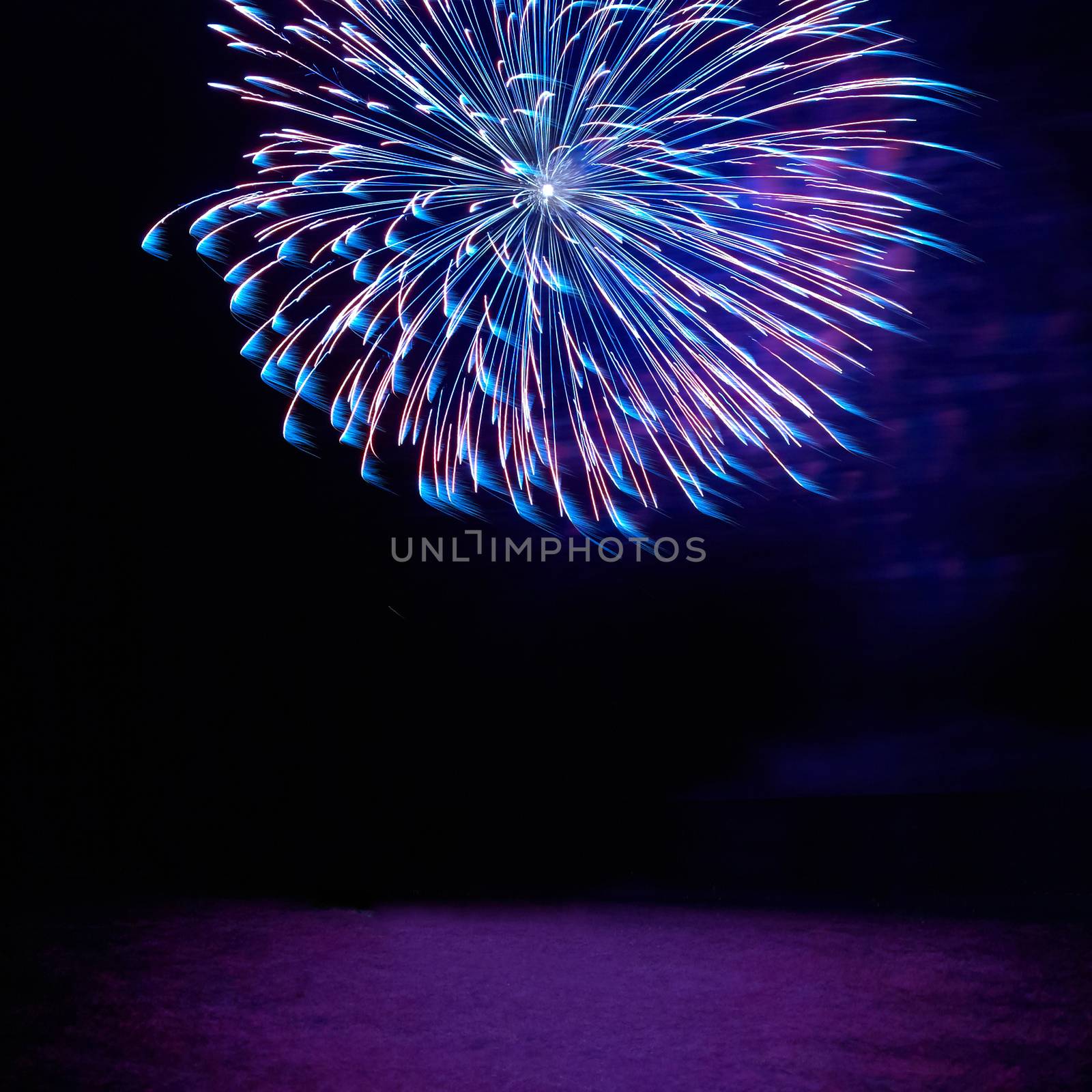 Blue and red colorful holiday fireworks on the black sky background.