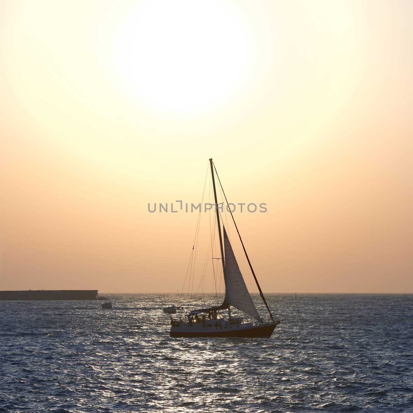 Sail boat against sea sunset. Colorful marine landscape.