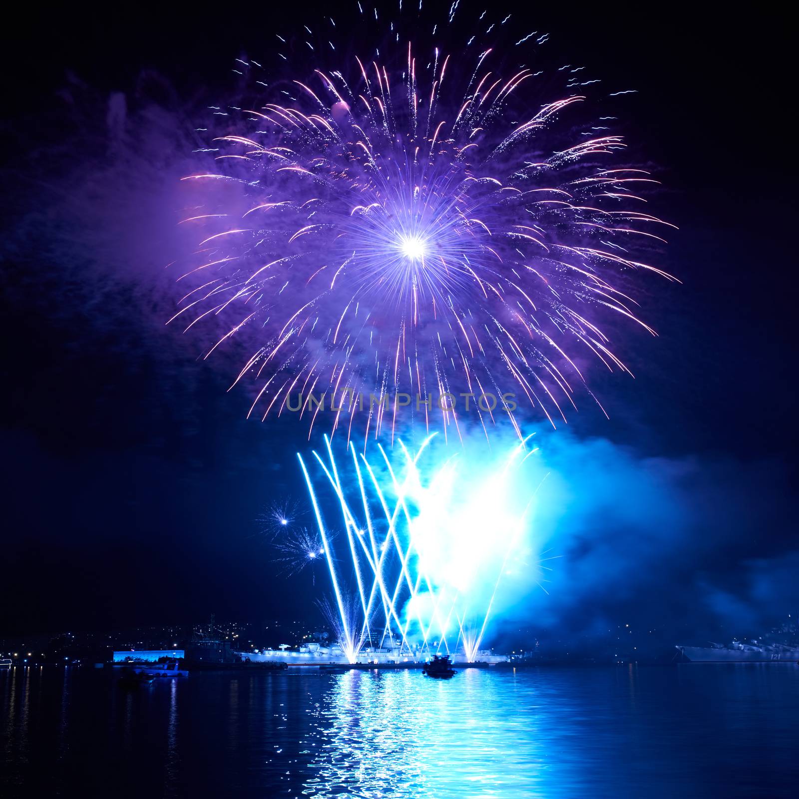 Blue colorful fireworks on the black sky background