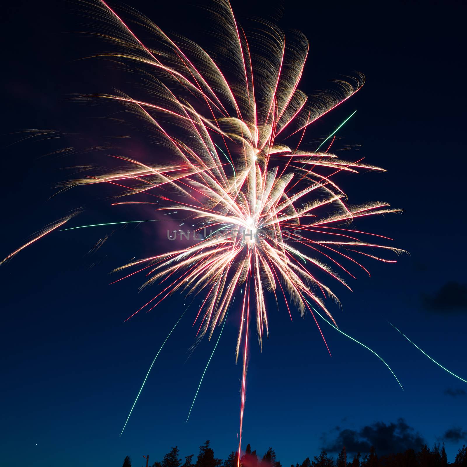 Blue colorful fireworks on night sky background