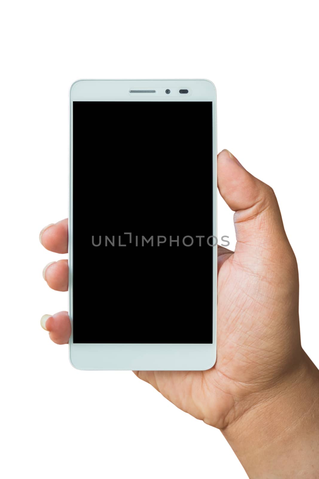 Hand holding Smartphone with blank screen on white background