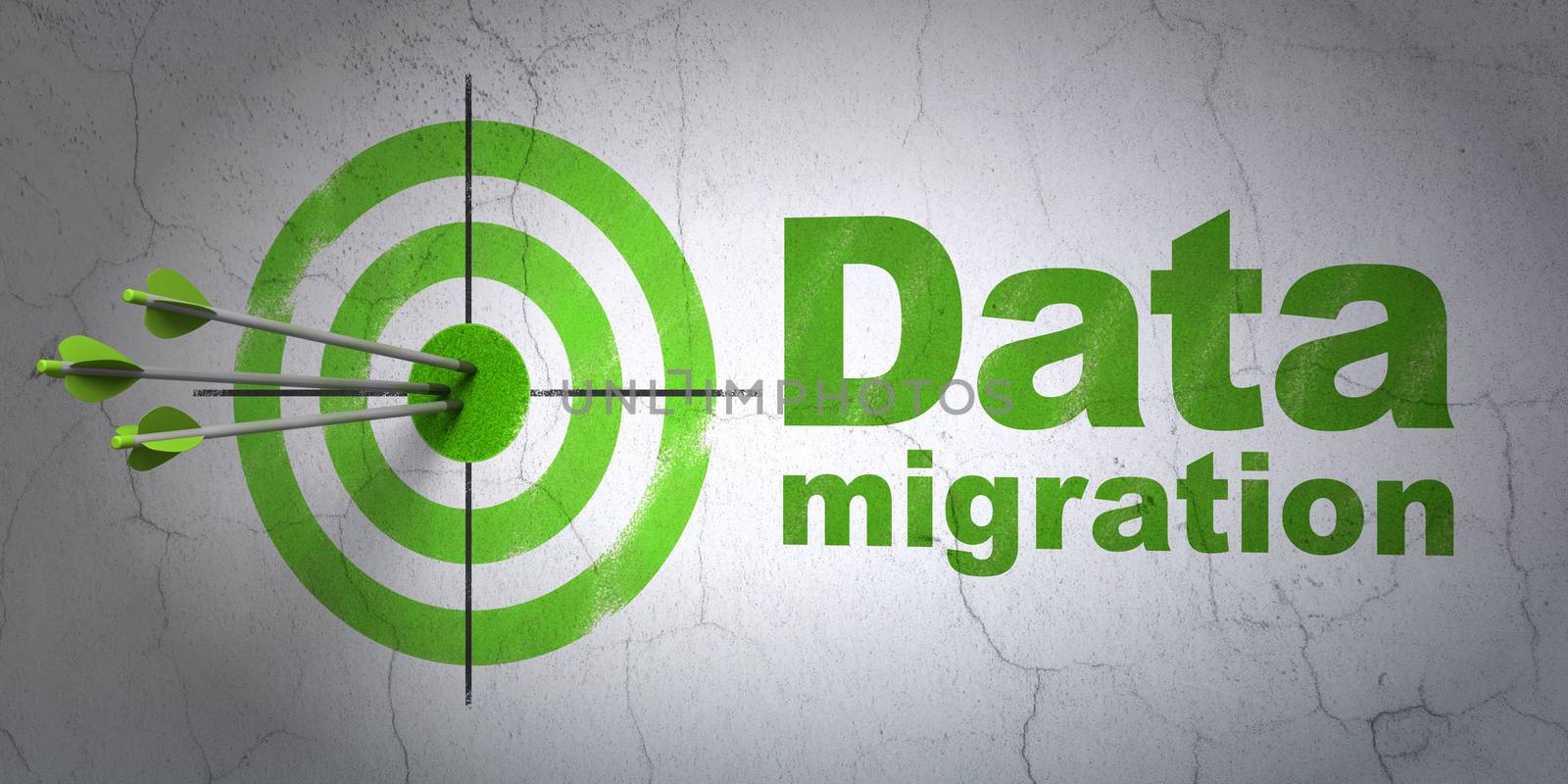 Success Information concept: arrows hitting the center of target, Green Data Migration on wall background