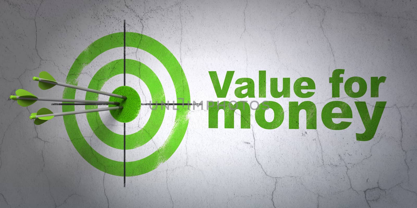 Success banking concept: arrows hitting the center of target, Green Value For Money on wall background