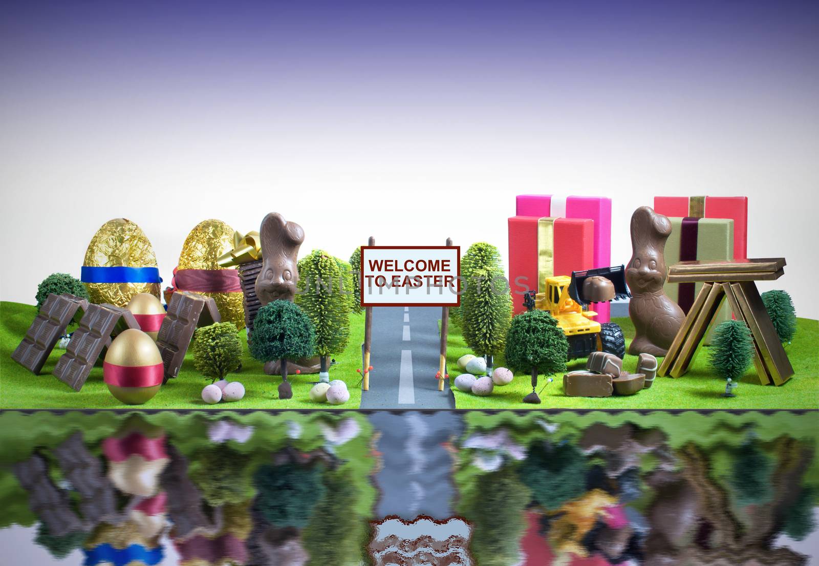 Miniature town made from chocolate, easter eggs and gifts 