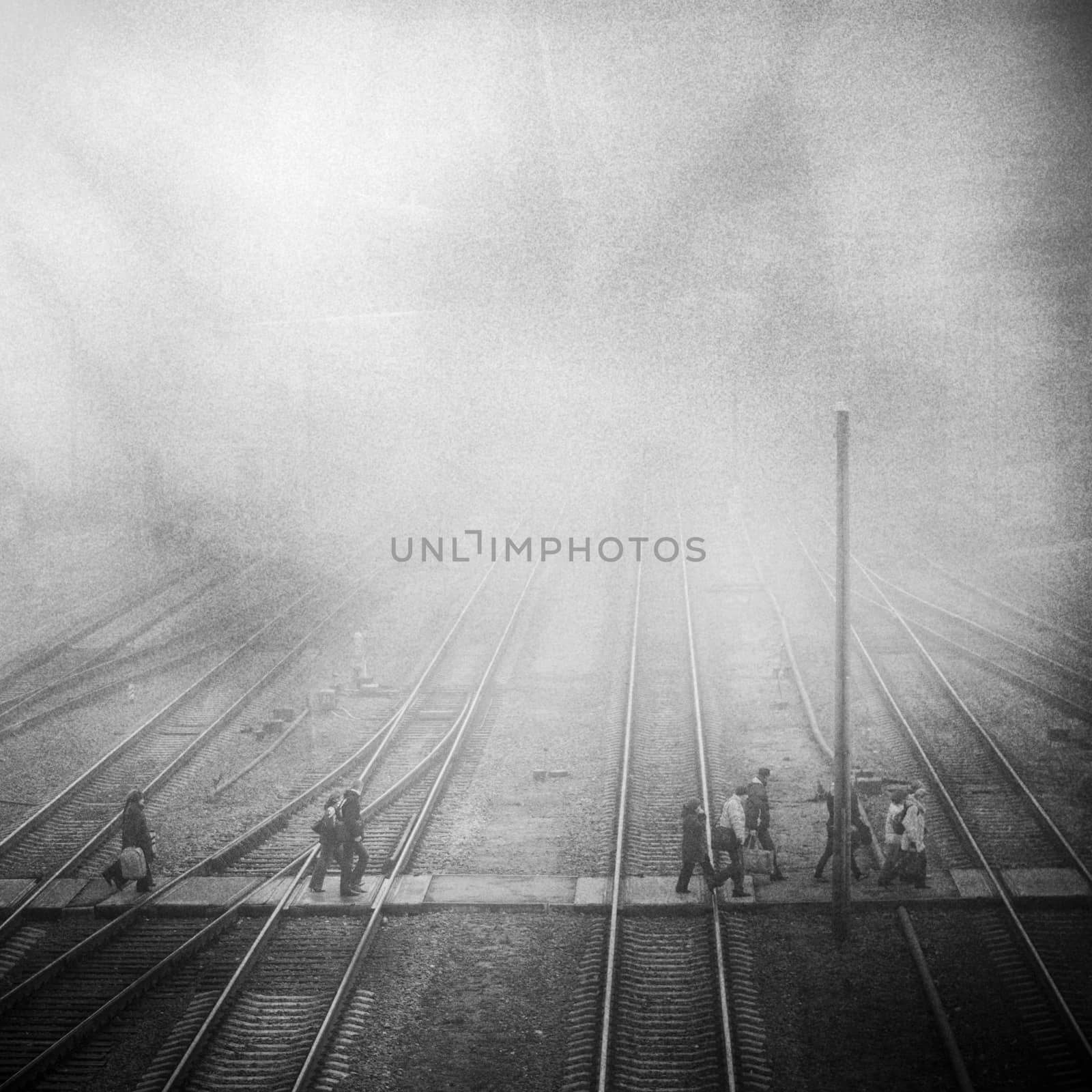 train station with passenge, grunge grainy vintage photo