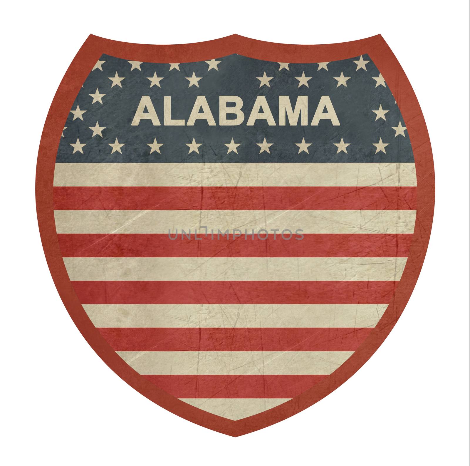 Grunge Alabama American interstate highway sign isolated on a white background.