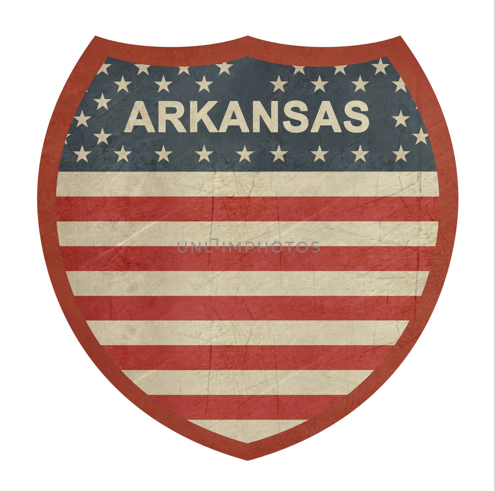 Grunge Arkansas American interstate highway sign isolated on a white background.