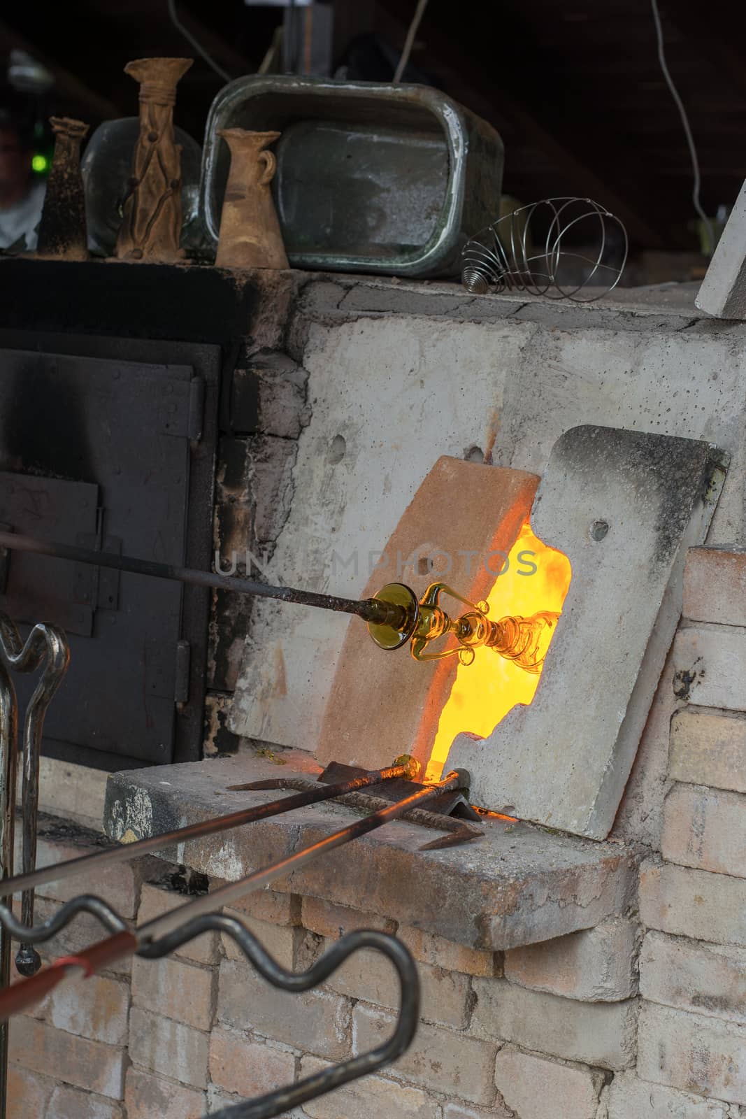 Demonstration of handmade glass production glassmakers