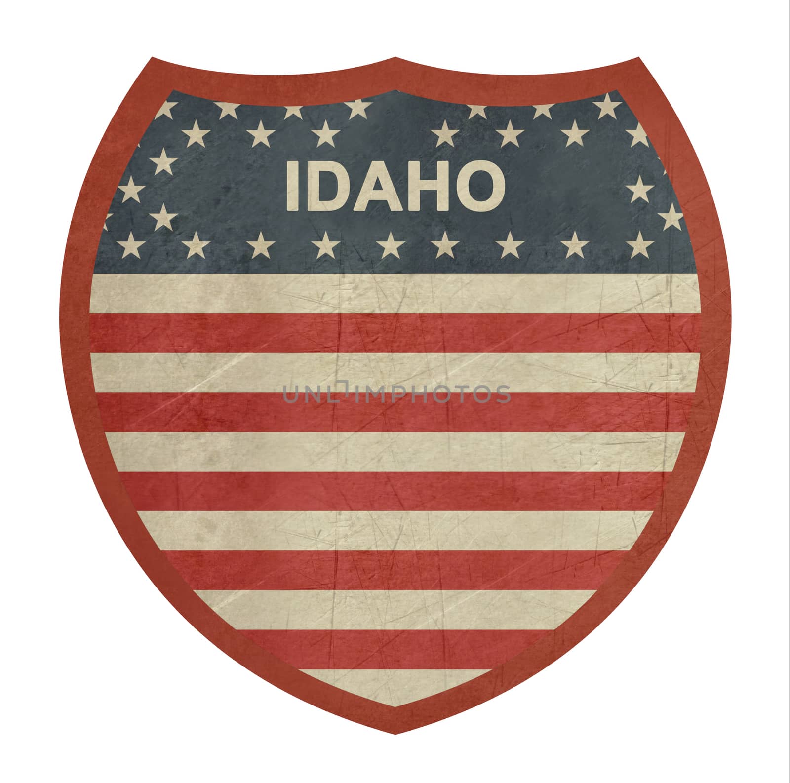 Grunge Idaho American interstate highway sign isolated on a white background.