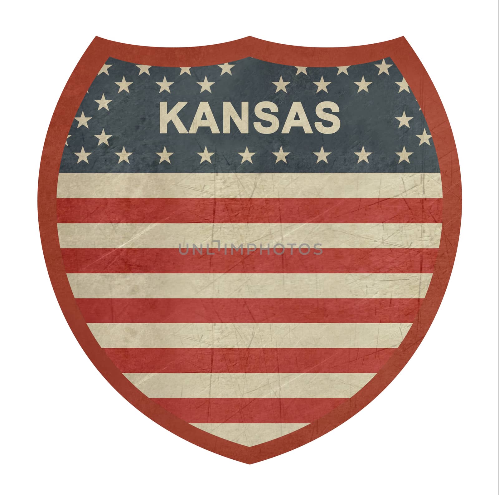 Grunge Kansas American interstate highway sign isolated on a white background.
