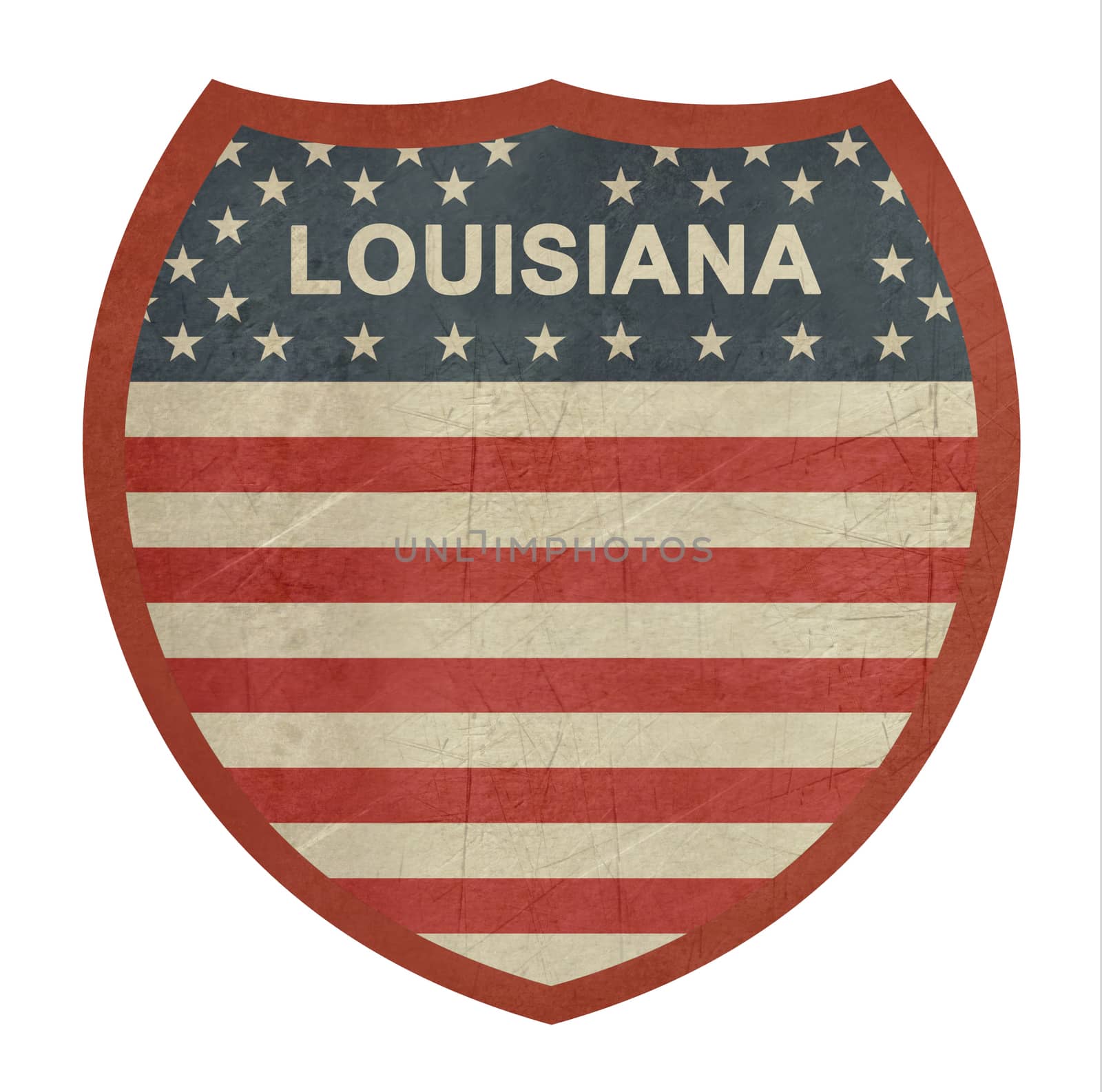 Grunge Louisiana American interstate highway sign isolated on a white background.