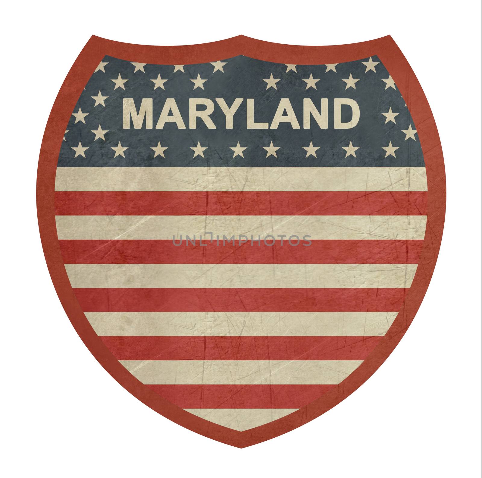 Grunge Maryland American interstate highway sign isolated on a white background.
