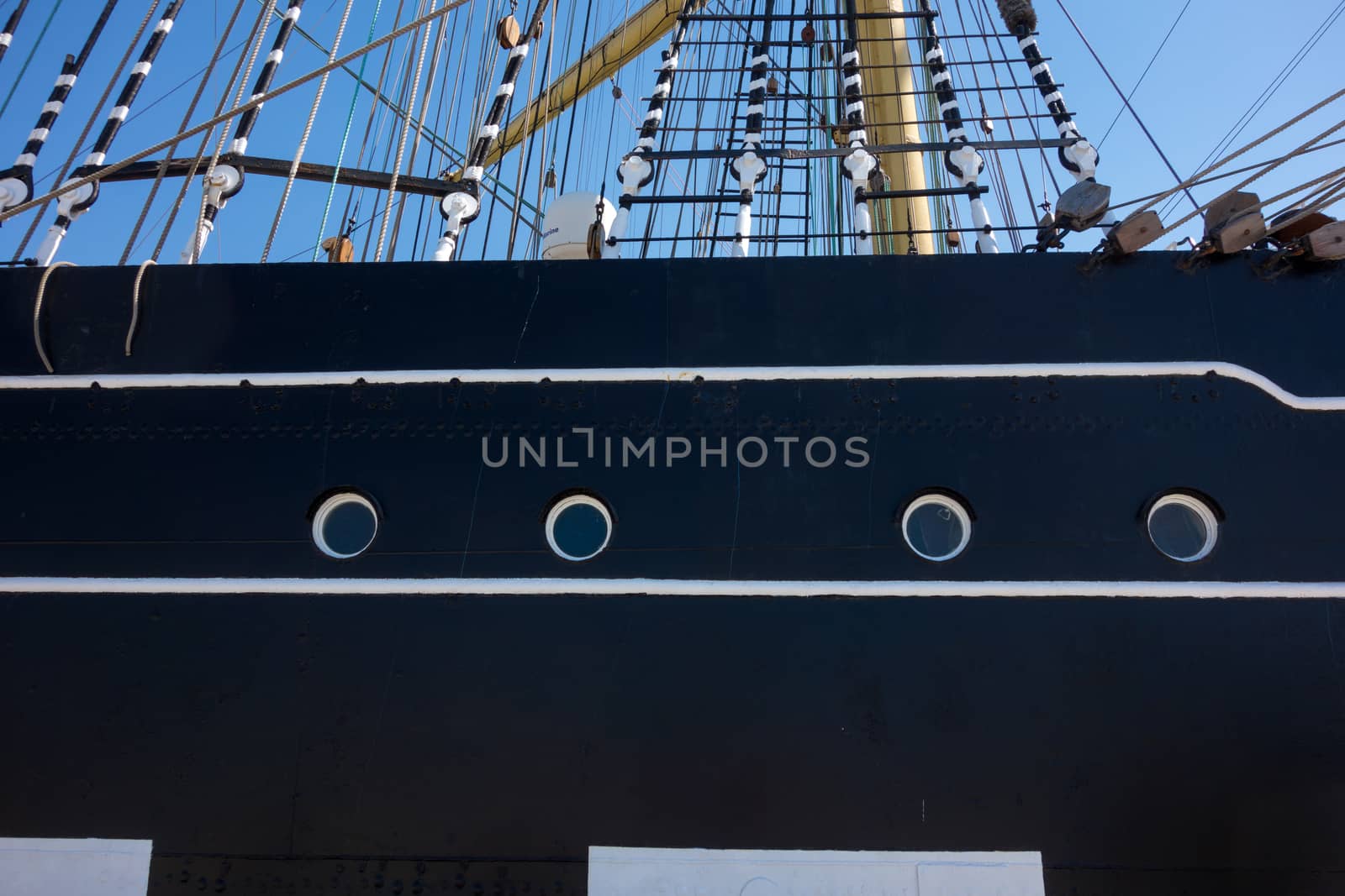 Marine rope ladder at pirate ship. Sea hemp ropes on the old nautical vessel.