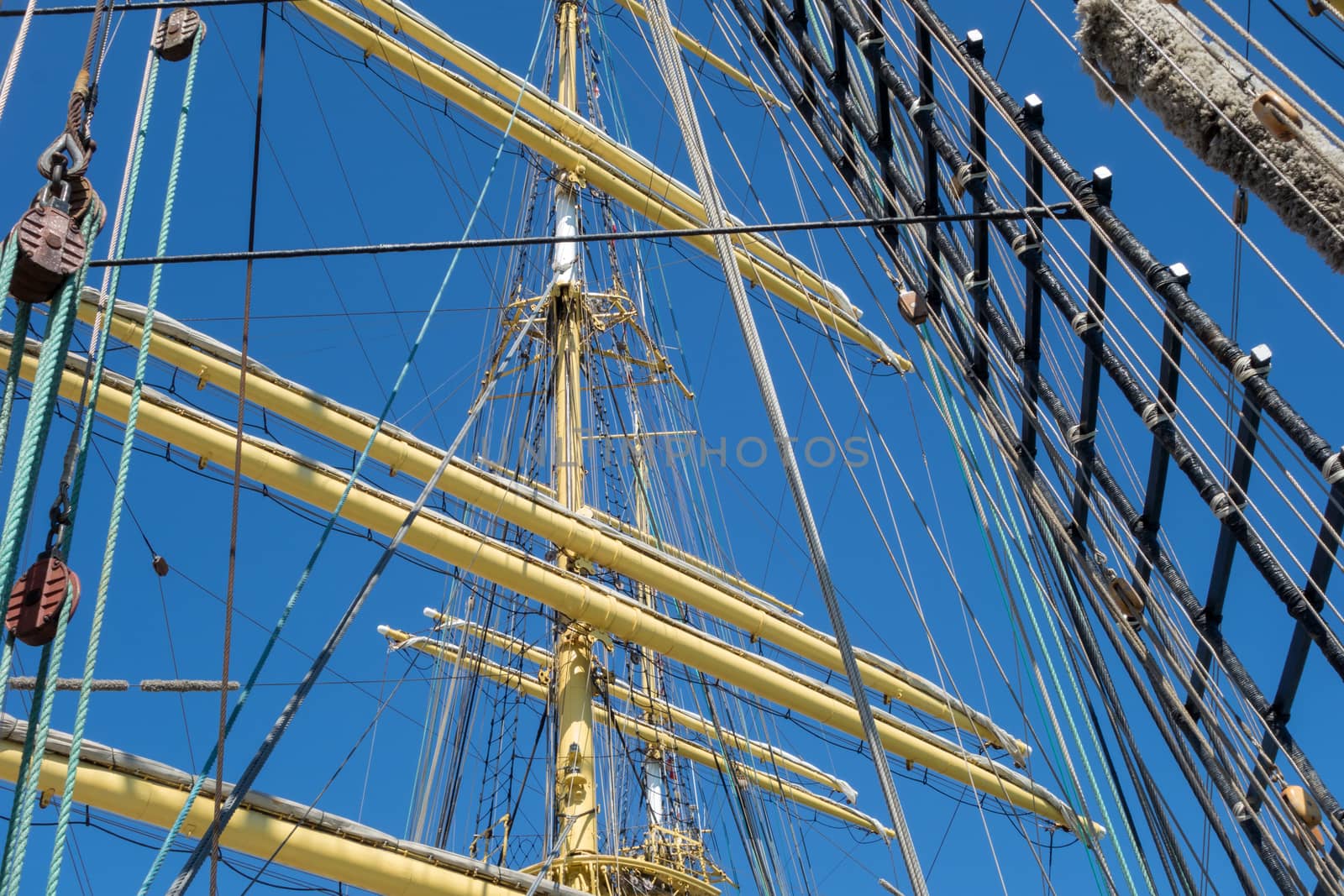 Marine rope ladder at pirate ship. Sea hemp ropes on the old nautical vessel.