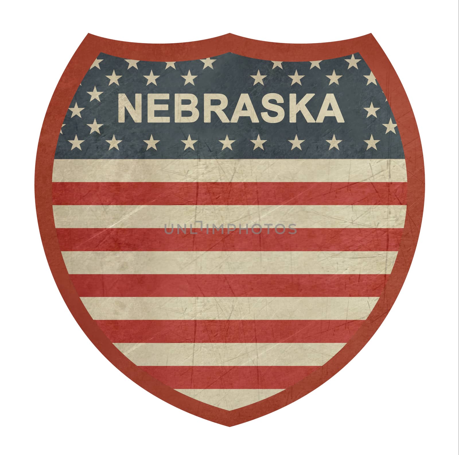 Grunge Nebraska American interstate highway sign isolated on a white background.