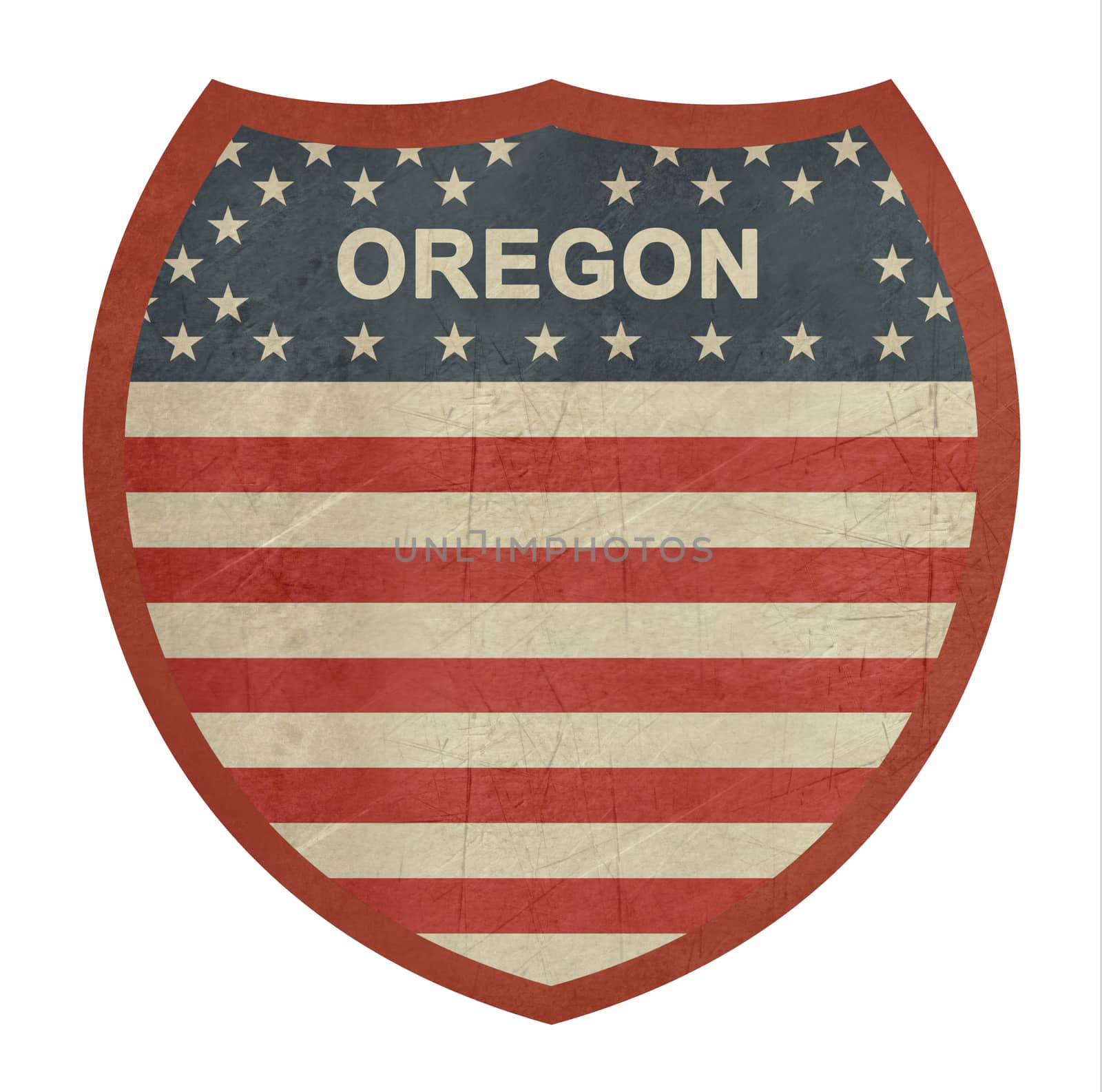 Grunge Oregon American interstate highway sign isolated on a white background.