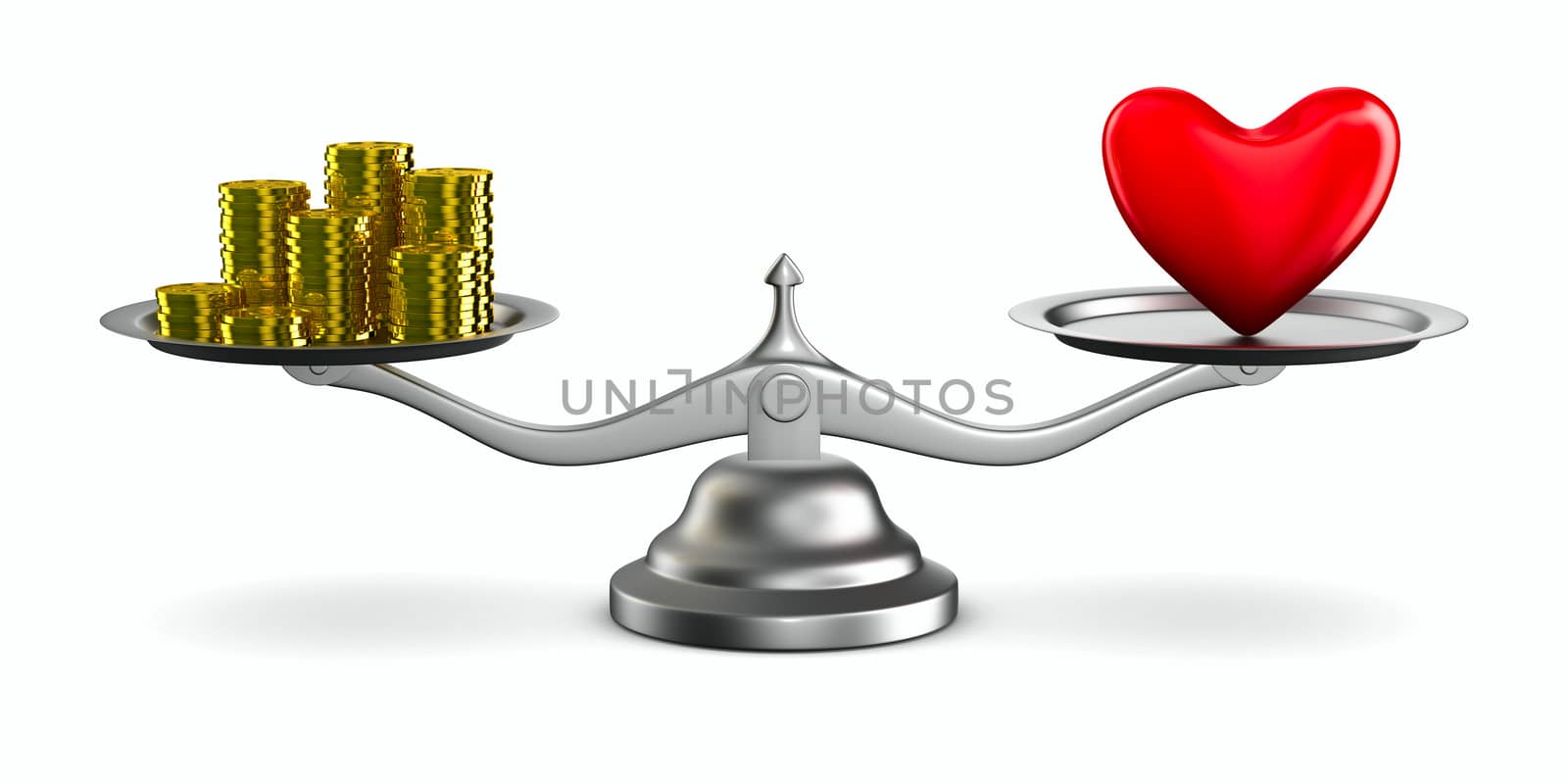 Heart and money on scales. Isolated 3D image