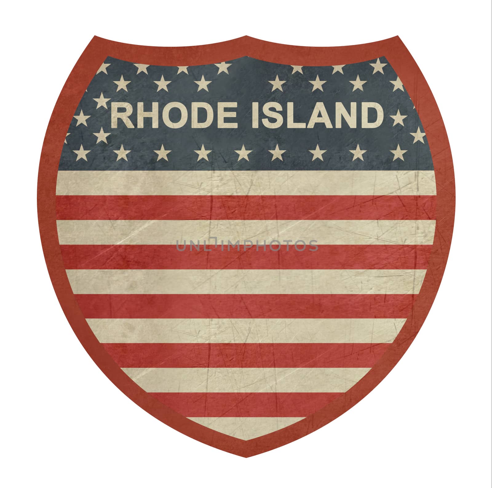 Grunge Rhode Island American interstate highway sign isolated on a white background.