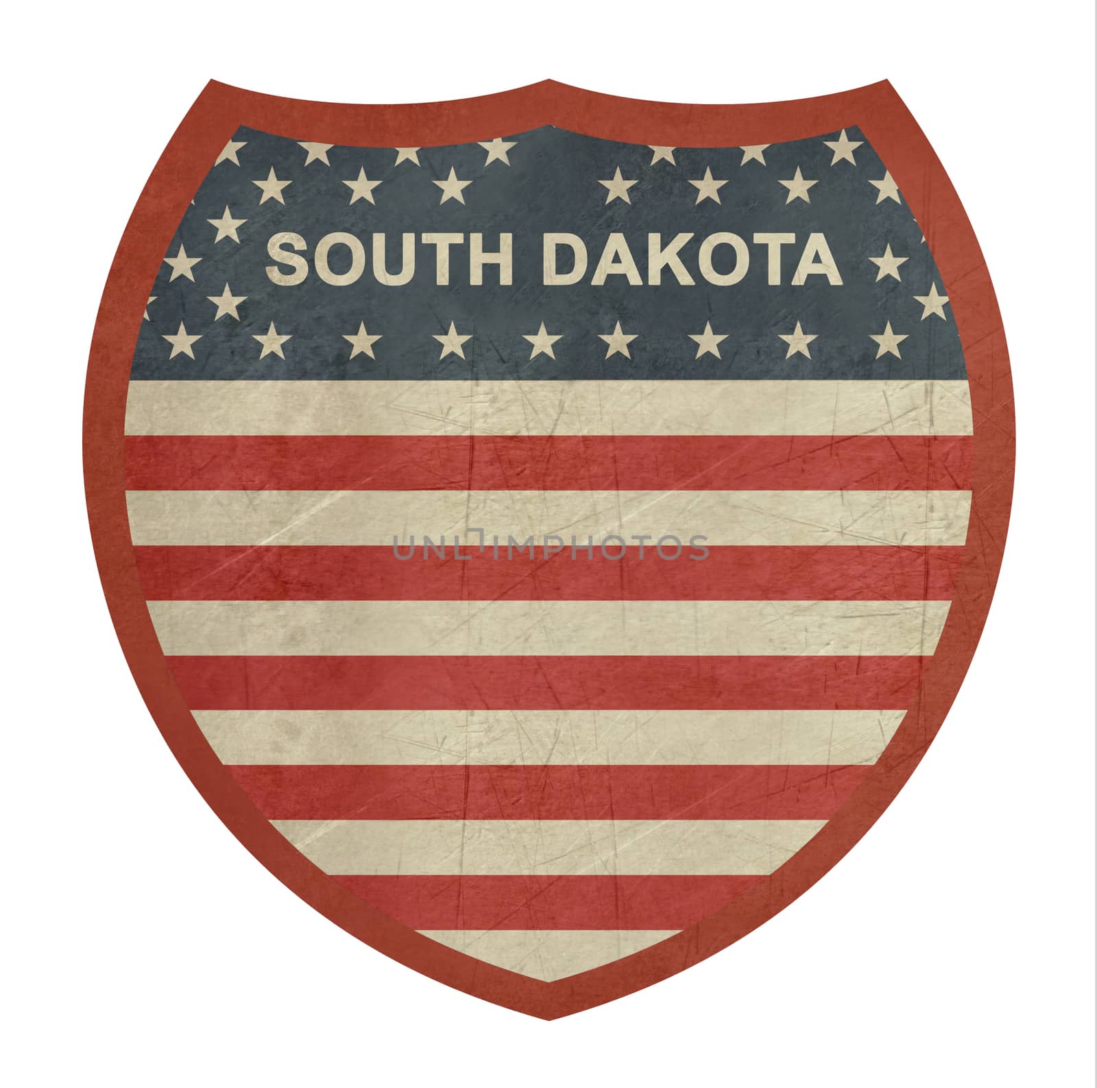 Grunge South Dakota American interstate highway sign isolated on a white background.