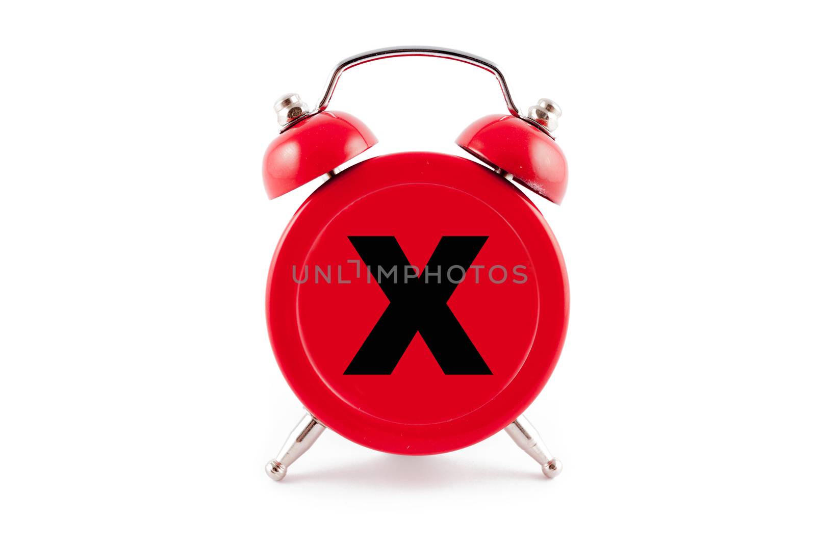 Alarm Clock. Classic red old style alarm clock with x sign isolated on white