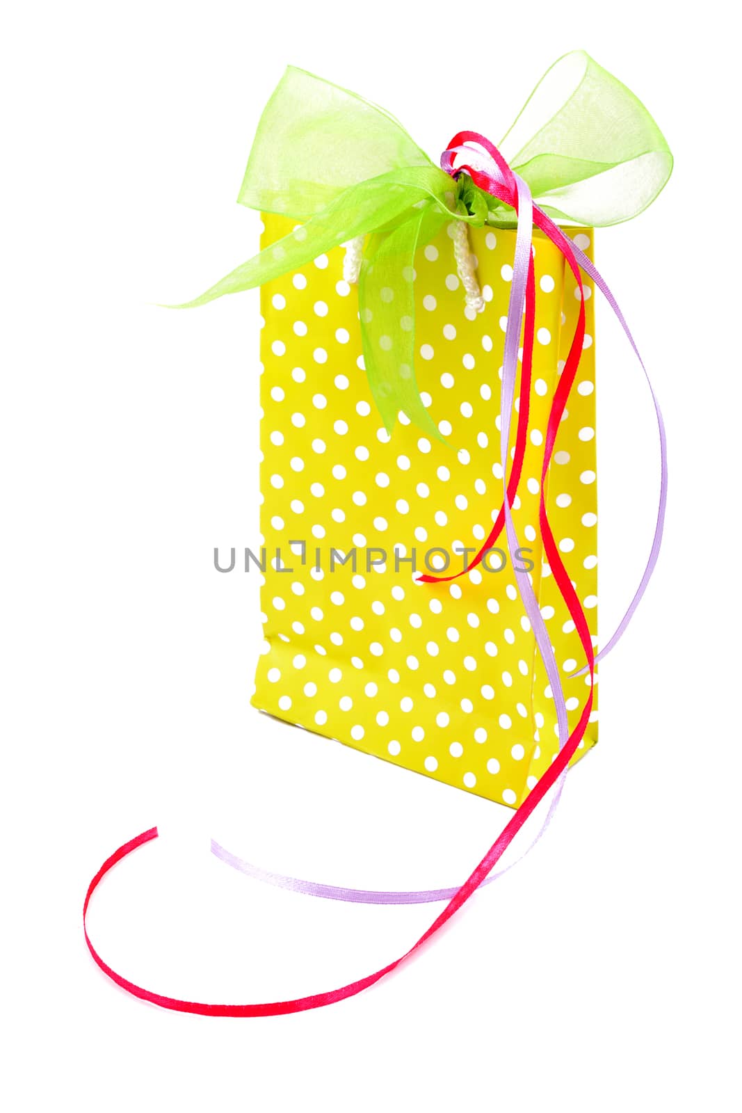 Gift box with satin present bow on white background