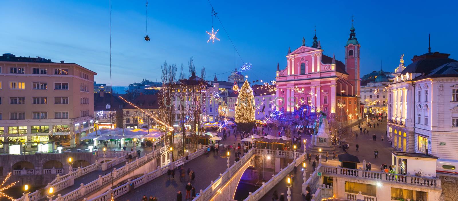 Romantic Ljubljana's city center decorated for Christmas holiday. Preseren's square, Ljubljana, Slovenia, Europe. Panoramic view.