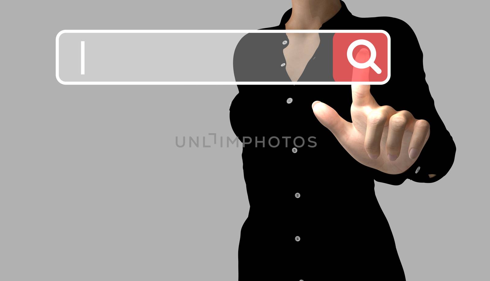 A business woman makes an online search by touching a search button. The cursor indicates the text to enter.