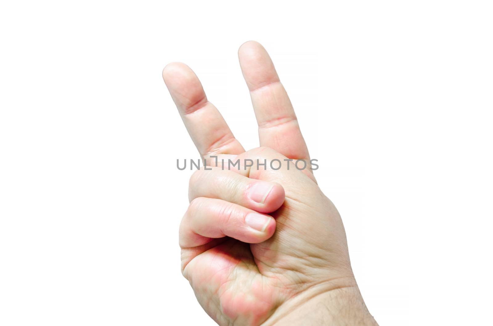 Human Hand, victory sign with two fingers from the palm of your hand.
