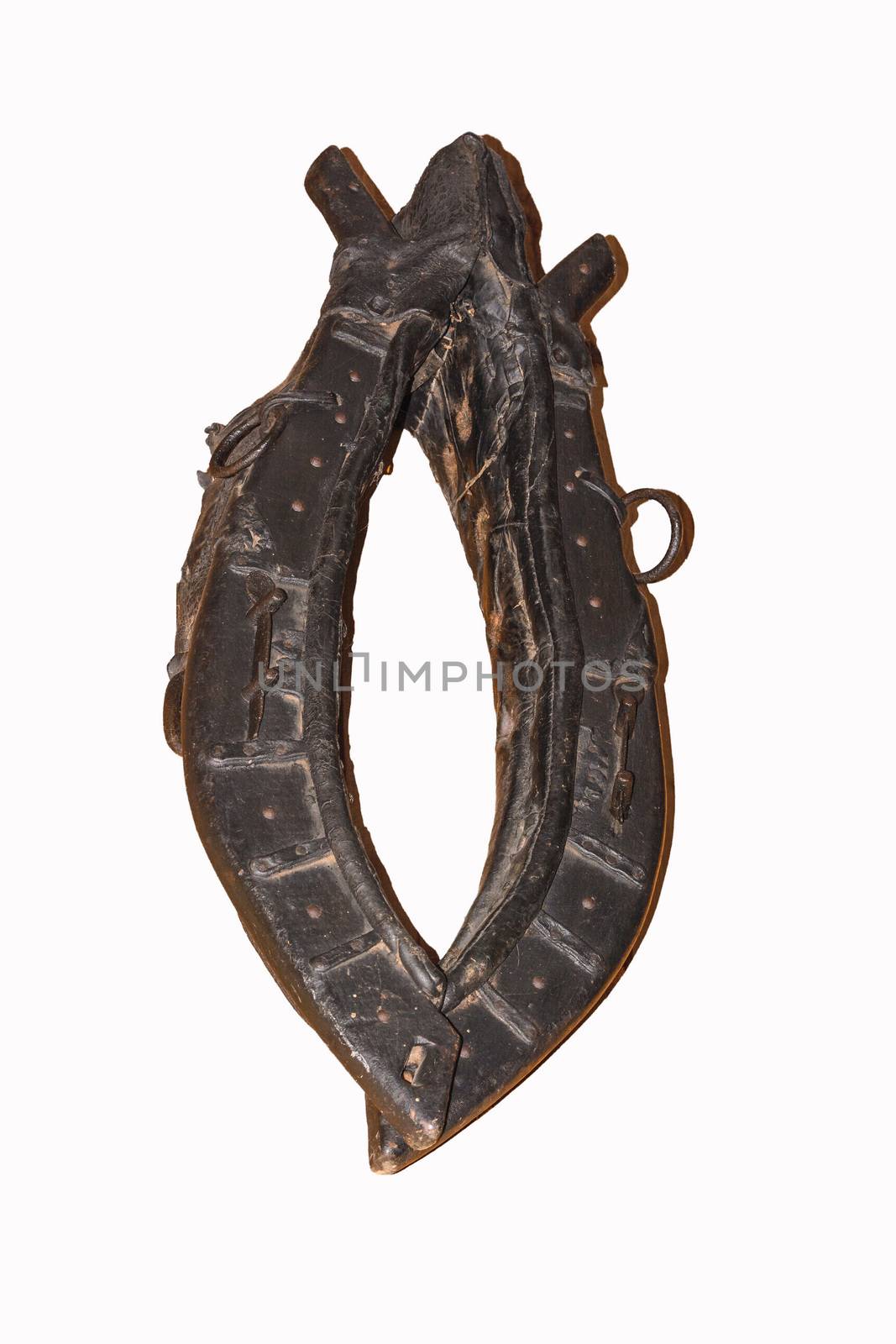 Horse collar hanging on a wooden wall.
