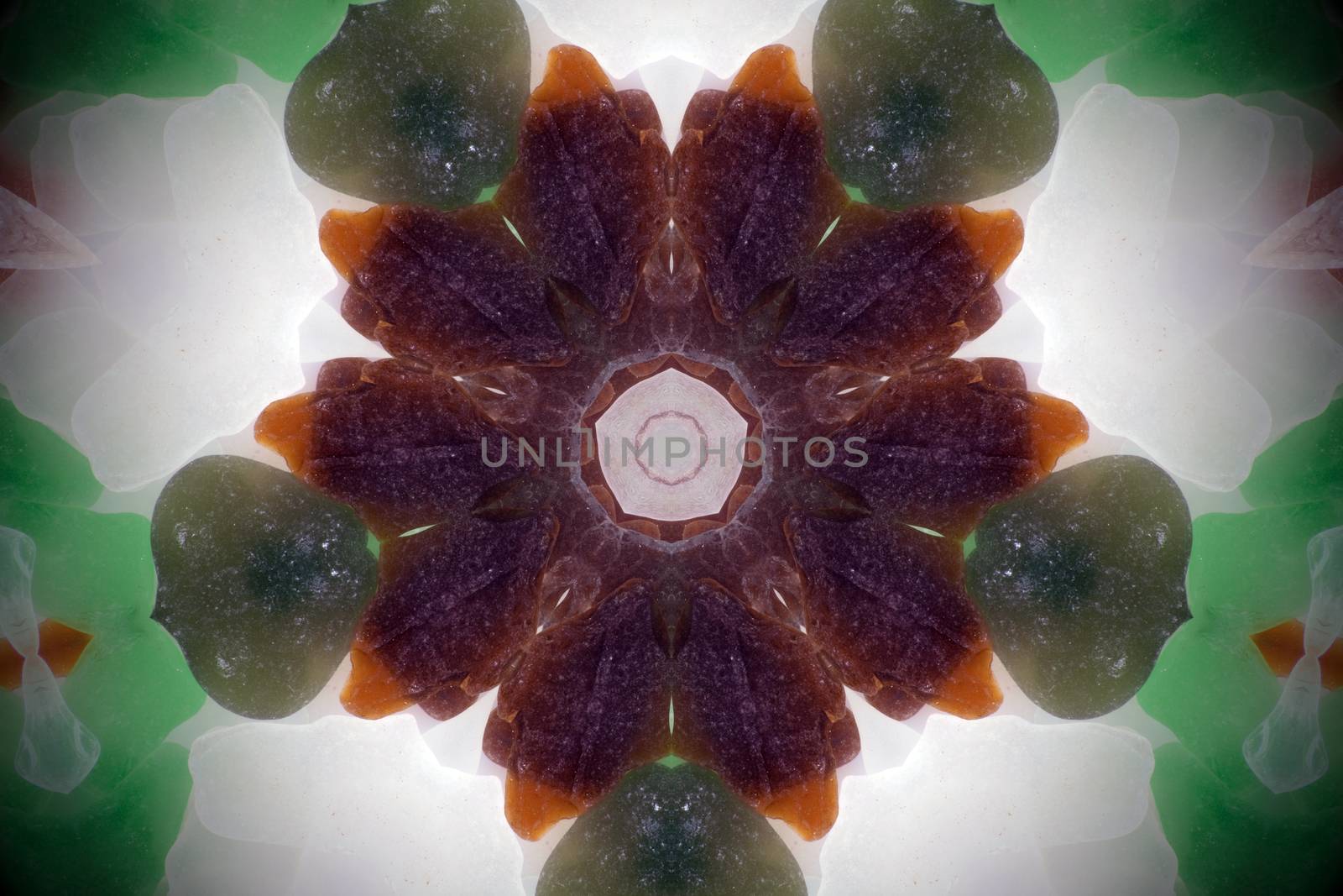 Fractal kaleidoscope background with images forming a star-shaped pattern